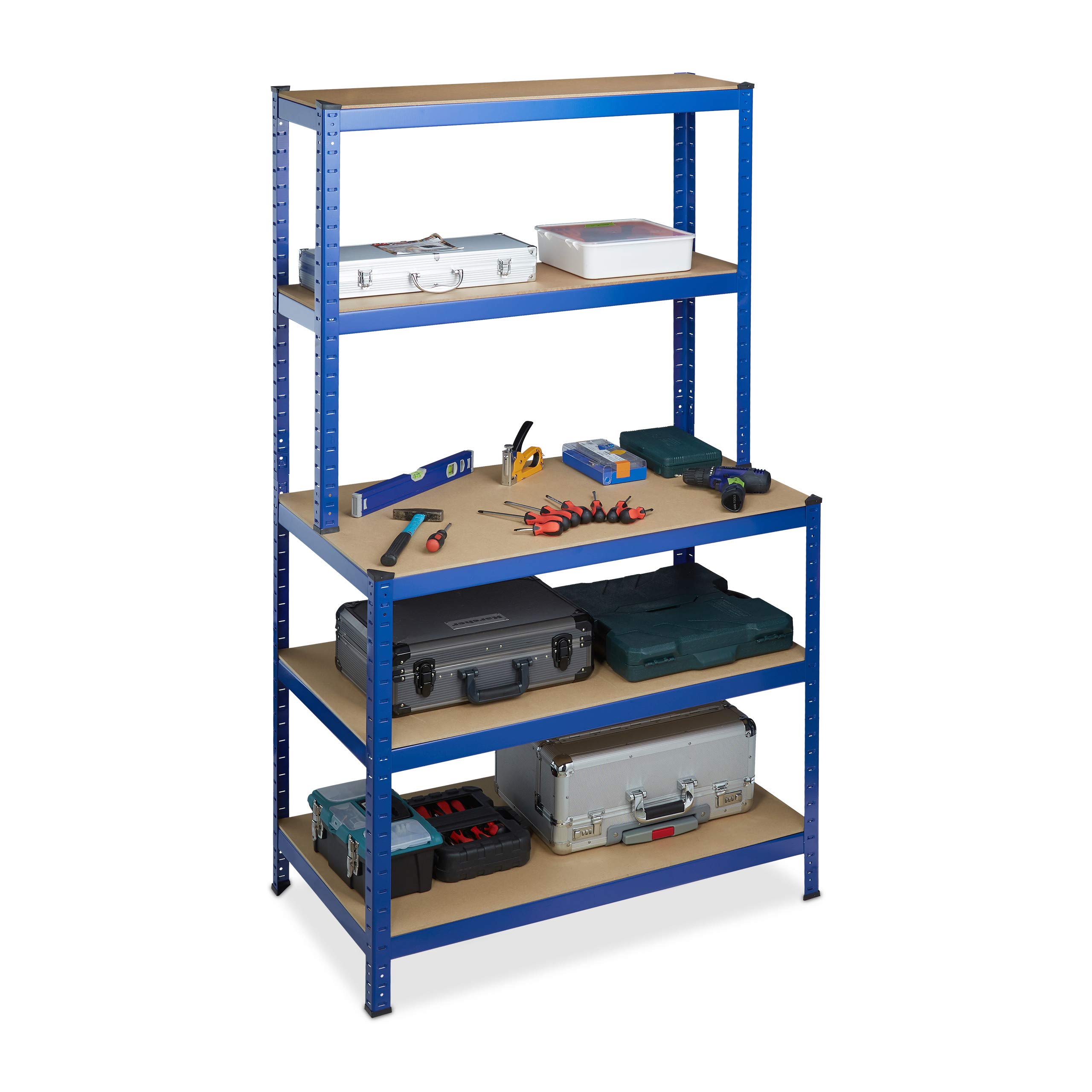 Relaxdays Blue Heavy-Duty Shelving, With Workbench, Capacity 900 Kg, 5 Tiers, Modular, Hxwxd 180X100x60 Cm,Steel, Mdf,