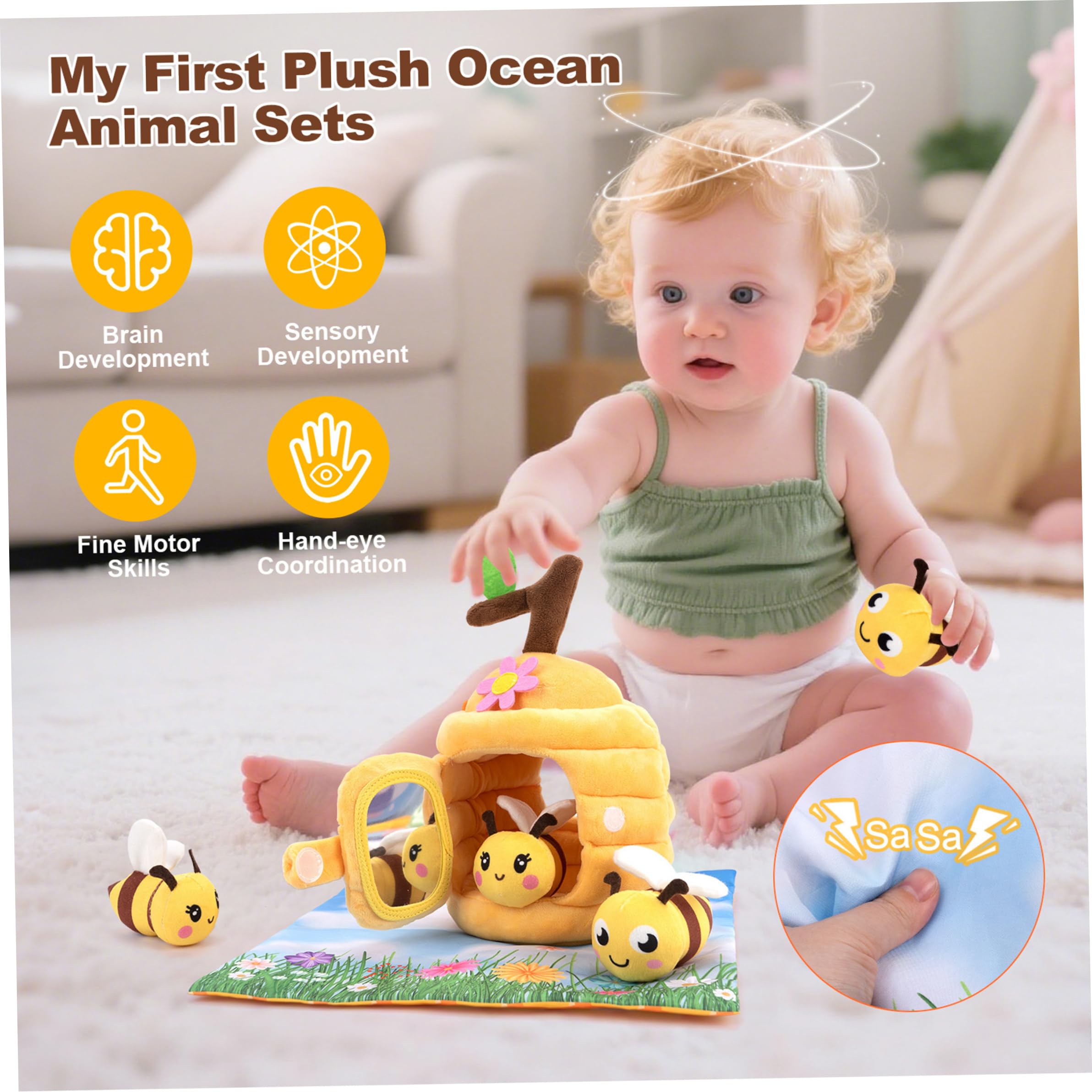 Giocattolo per, Set di Giocattoli per da 5 Pezzi, Giocattoli sensoriali Montessori per Bambini con fienile, sonaglio e Specchio, per Bambini per 1 Anno, Giallo