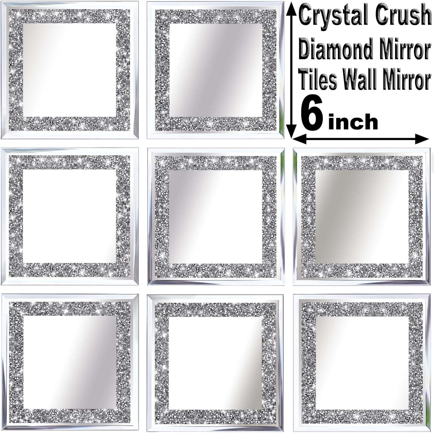 Crush Diamond Mirrors Wall Decor 6inch Mirror Tiles for Crafts, 8 Pack Square Silver Diamond Glass Mirrors for Home Wall Decor, Mosaics DIY.