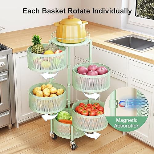 Miniatura 3 de SAYZH Cesta de frutas y verduras para cocina, estante de almacenamiento giratorio, carrito rodante de 5 niveles con tapa superior, cesta de alambre