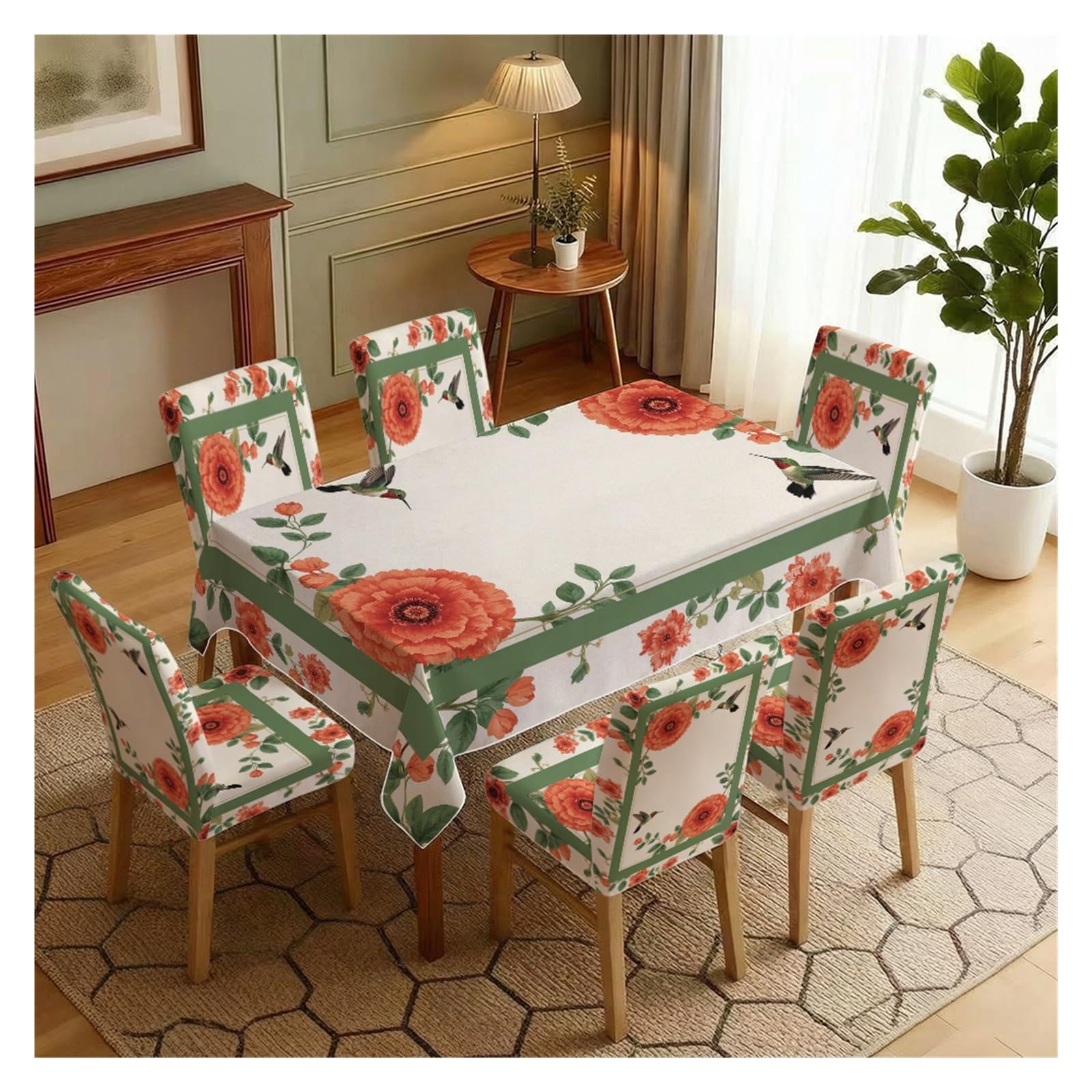 BOSUYBN Stretch Dining Chair Slipcover & Tablecloth Set, Orange Flower Hummingbird Print, 5/7 Pack, Fresh Spring Garden Farmhouse Decor Table Setting(7pcs Set: Tablecloth+Chair Covers)