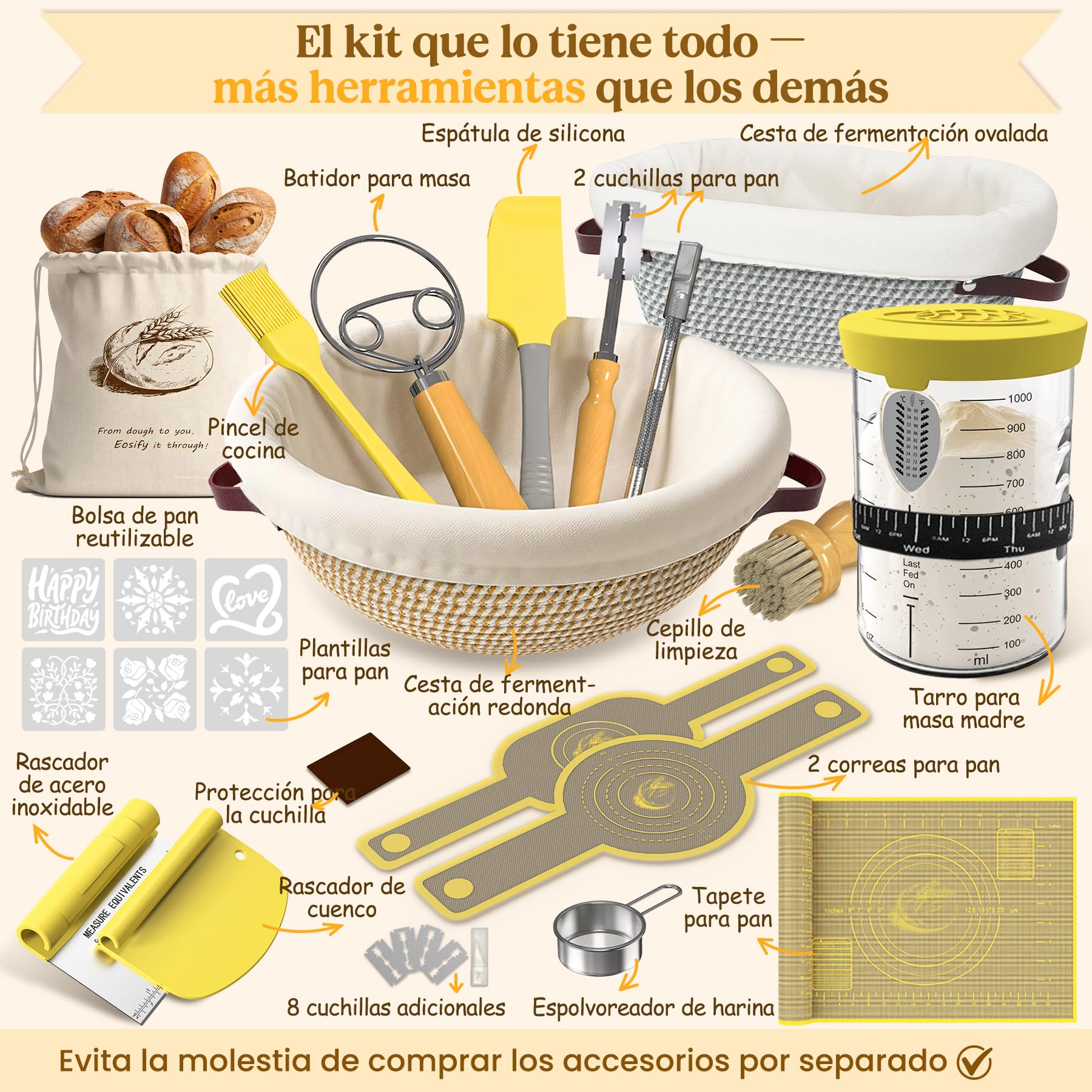 Kit Masa Madre 25 Piezas – Banneton de Cuerda de Algodón y Accesorios Panadería – Utensilios para Hacer Pan Casero – Regalo Ideal para Panaderos, Mujeres y Mamás