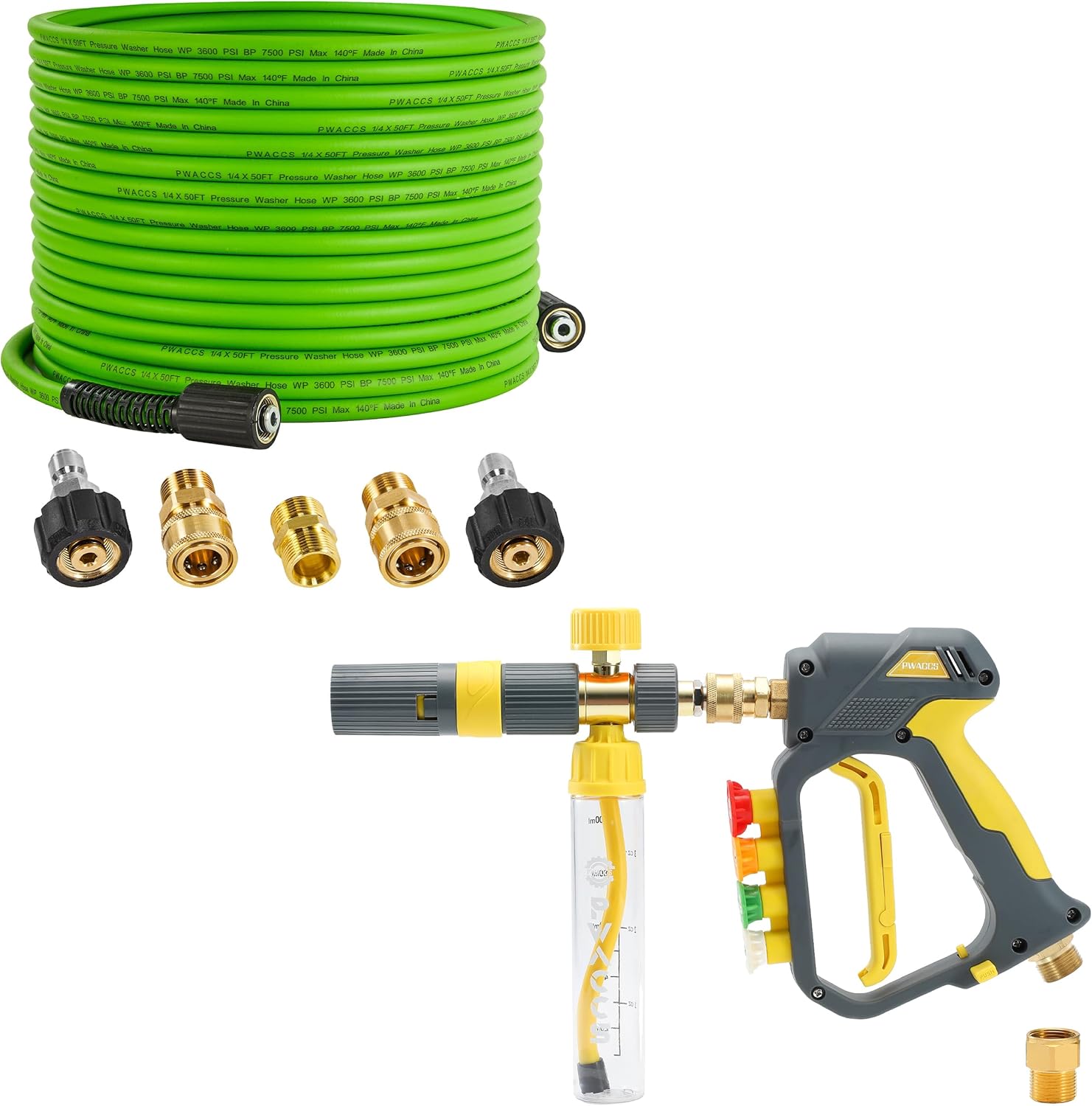 PWACCS Pressure Washer Hose for Power Washer – 3600 PSI, Pressure Washer Gun with Foam Cannon, Mini No-Dilution Foam Cannon Pro Power Wash, Soap Cannon with 4 Nozzle Tips for Car Wash