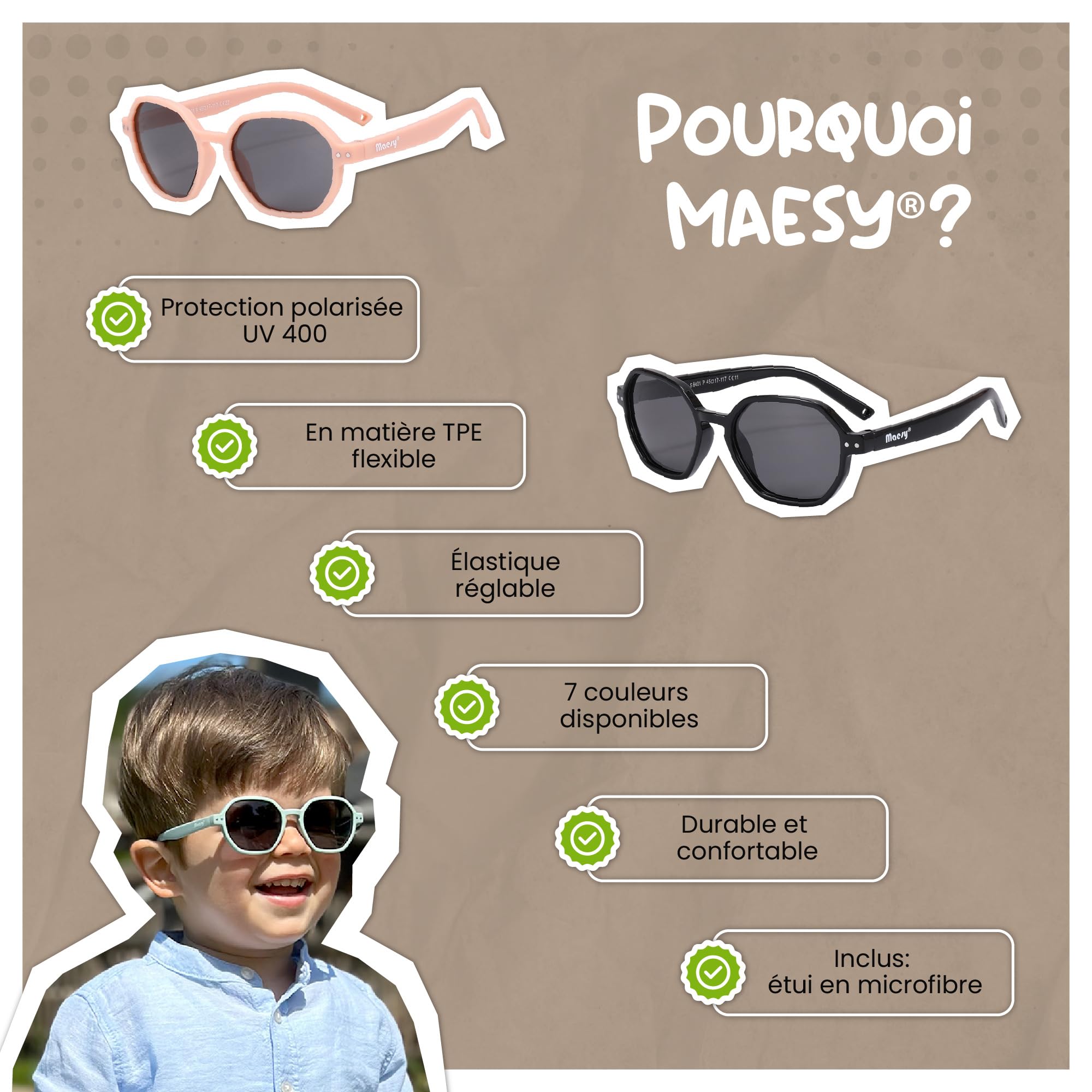 Lunettes de Soleil Bébé et Tout-Petit - 1-3 Ans - Protection UV400 Polarisée - Cadre Flexible et Pliable - Bande Élastique Réglable - Lunettes de Soleil Sûres et Confortables - Yana