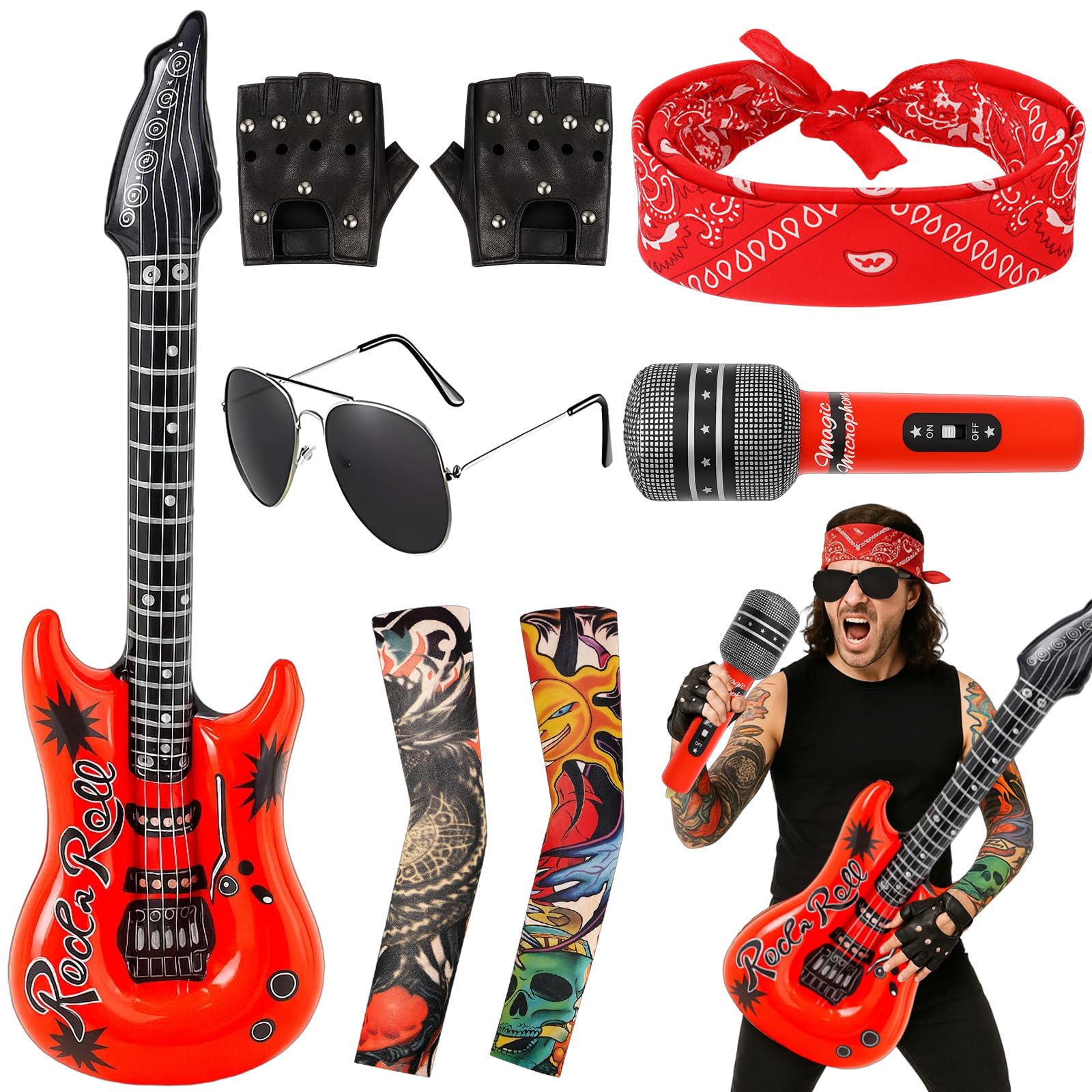 WsiQxuc 7 Piece Rock Star Costume Set, Rockstar Costume, Halloween Party Accessories with Inflatable Guitar and Microphone, Rockstar Fancy Dress, Gloves, Bandana and More