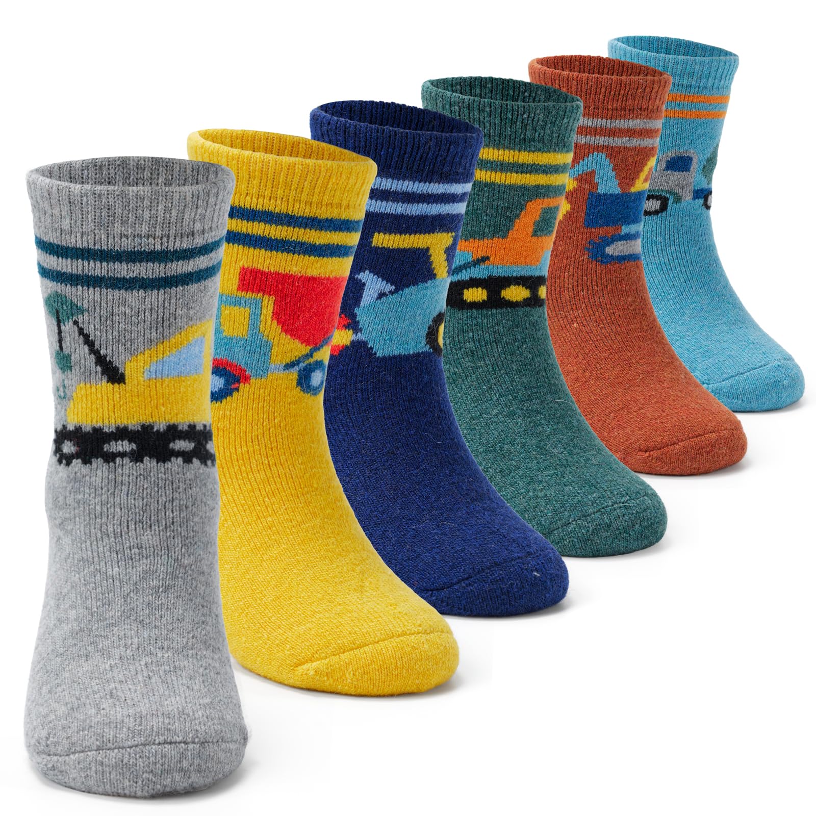 Aisyee Kinder Wollsocken Jungen Warme Wintersocken Dicke Crew Thermosocken Cartoon Baufahrzeug socken 6 Paar