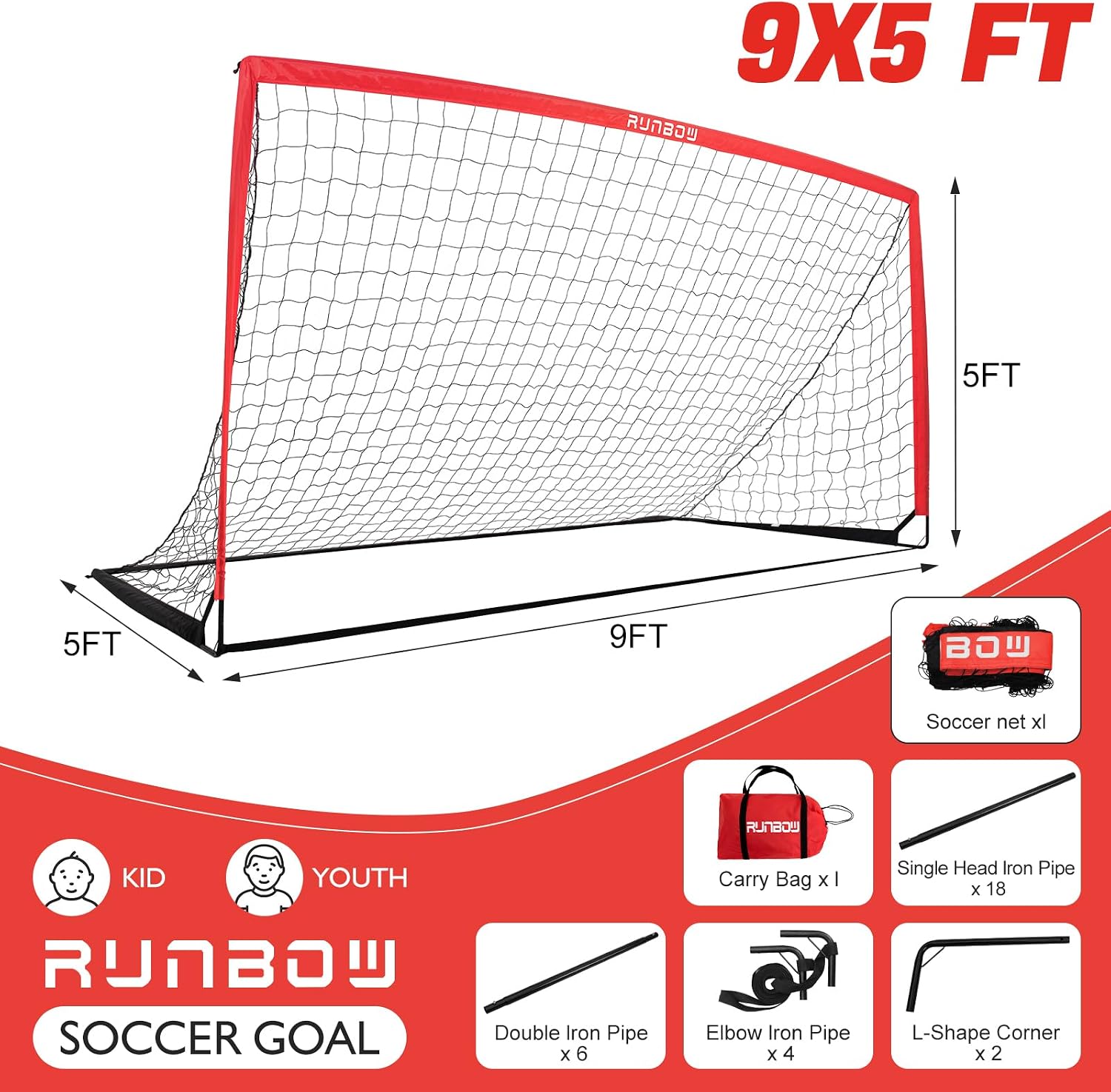 11x5.5' 9x5' 6x4' FT Kids Soccer Goal with Carry Bag, Portable Folding Soccer Net for Backyard Training, Indoor/Outdoor Use for Youth and Adults