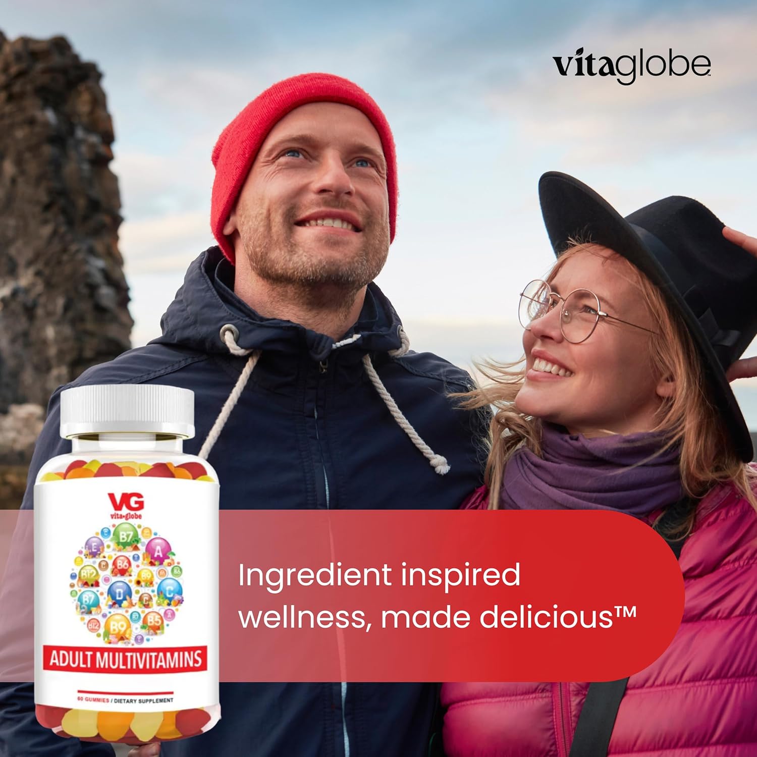 VITA GLOBE Adult Multivitamin Gummies – 9 Daily Vitamins with C, D, E, B6, B12, Folate & Biotin, Orange, Peach & Strawberry Flavors, Immune Support Supplement, 120 Gummies (Pack of 2)