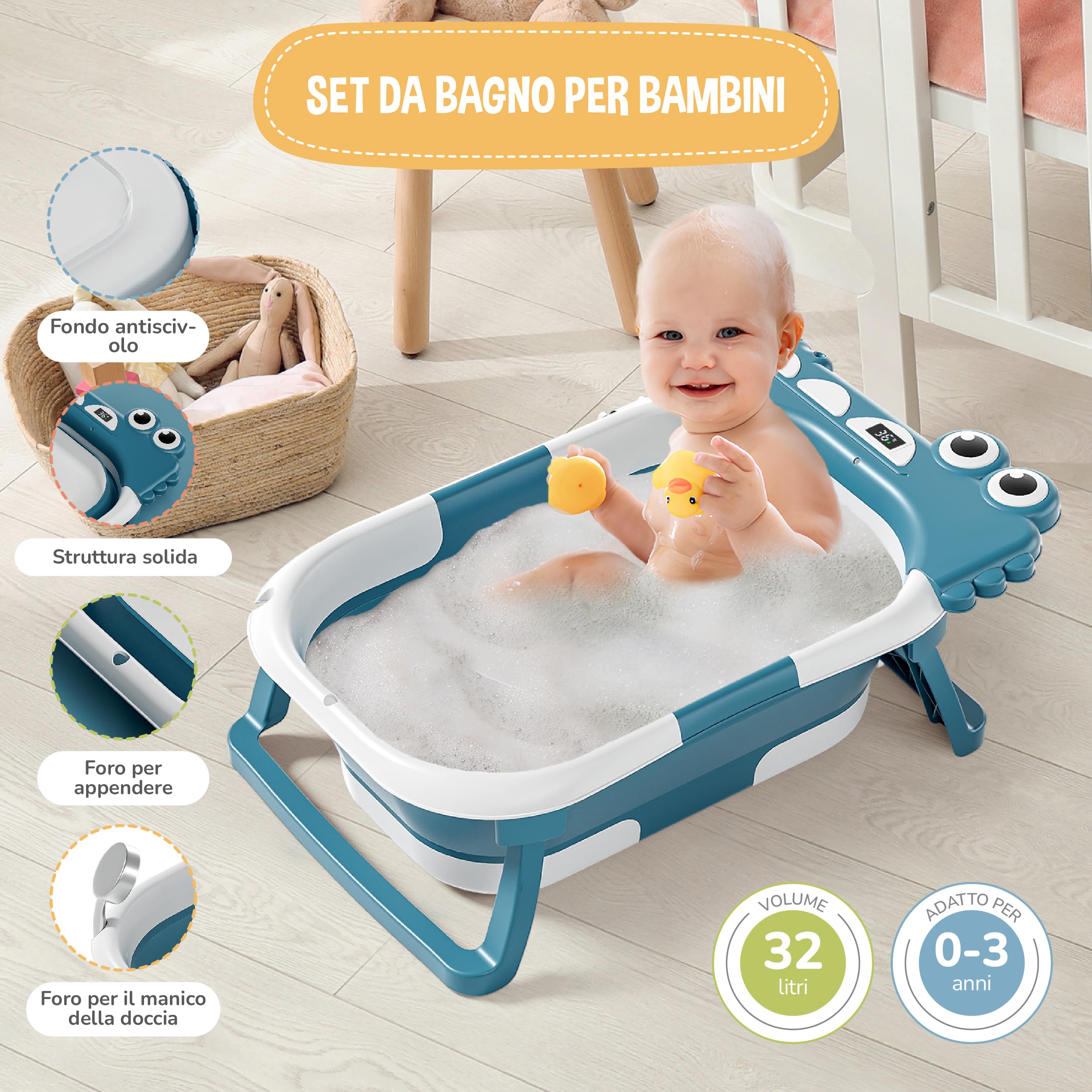 SUPERBE BEBE Vaschetta Pieghevole Con Cuscino Da Bagno E Termometro Incorporato-Vaschetta Per Bambini Con Supporto Da Bagno Gratuito-Regalo Di Nascita Ideale Per Bambine O Bambini-Dalla Nascita