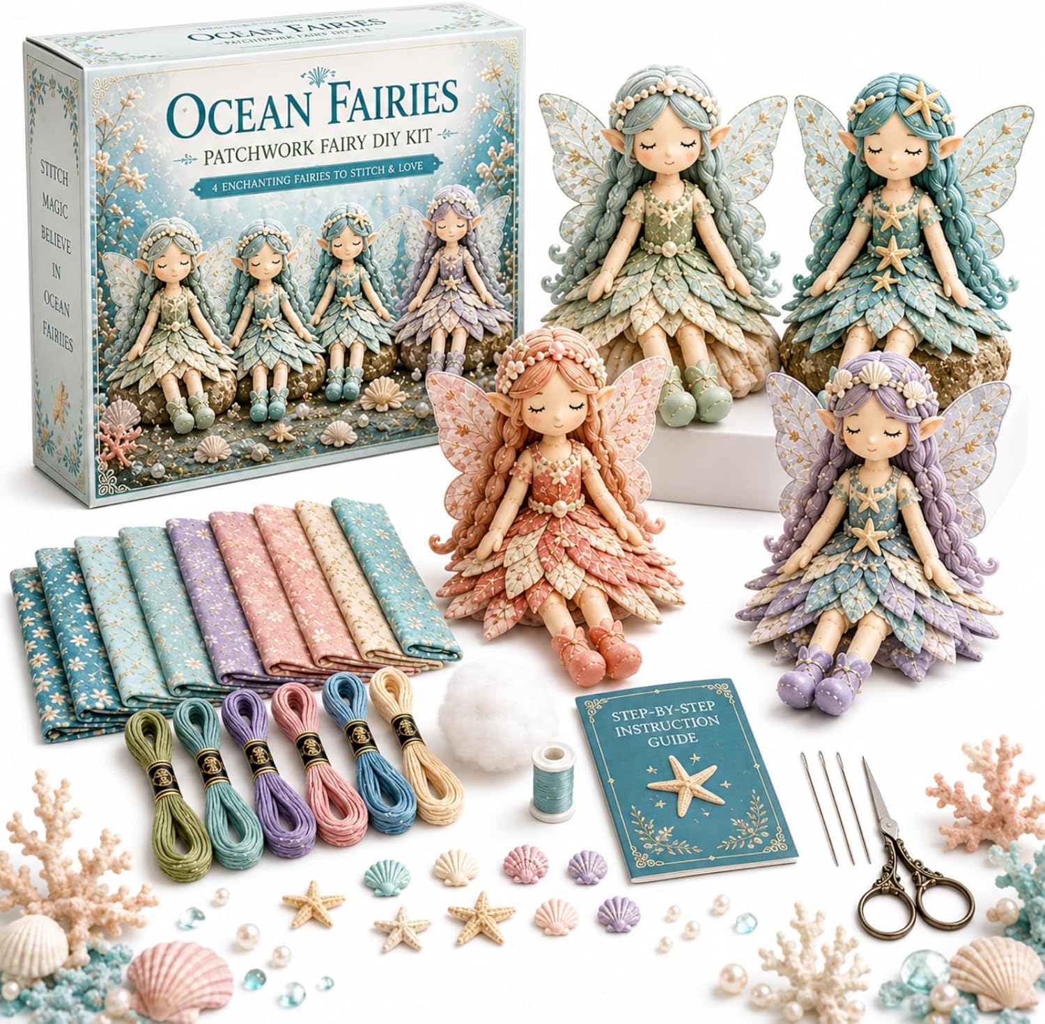 Fairy Patchwork DIY Collection,Fun Flower Fairy Handmade Sewing Kit,Make 4pcs Winged Elf Cloth D-oll,Fabric Full Supplies DIY Craft Set for Adults Beginner,Home Decor Unique Handmade Present (#3)