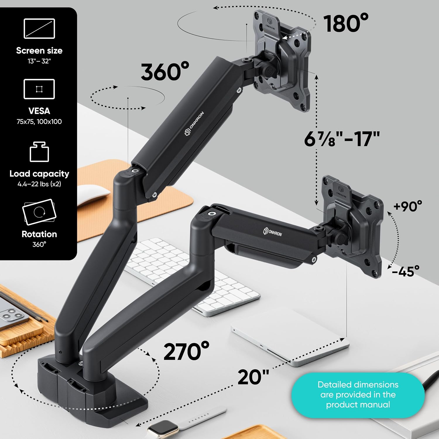 ONKRON G160 2 Monitor Desk Mount Universal Monitor Bracket for 13" - 27" Inch LCD LED Screens - Monitor Arm with VESA Max. 100 x 100 m and Maximum Weight 6.5 kg