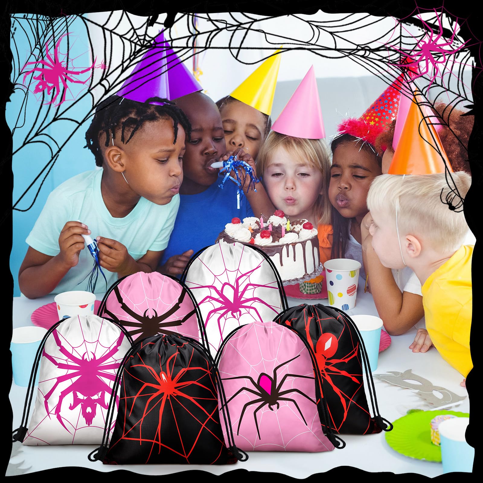 Lothee 30 Pcs Spider Drawstring Goodie Gift Bags Spider Party Favors Hero Birthday Party Decoration Supplies Spiderweb Candy Treat Bags