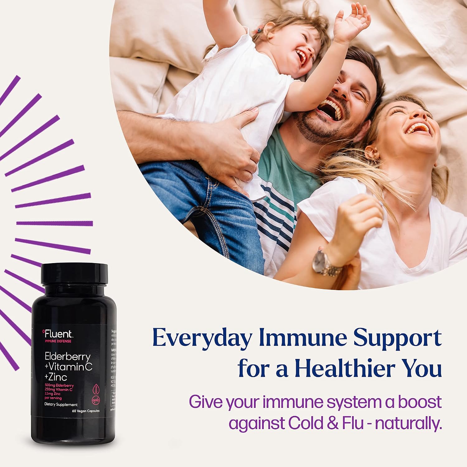 Fluent - Elderberry with Zinc and Vitamin C for Adults, Daily Immune Defense Zinc Capsules, GMO-Free Immune System Booster, 60 Vegan Capsules