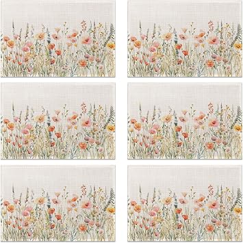 Wild Flowers Herbs Botanical Linen Placemats Set of 6, Decorative Table Mats 12x18 Inch, Washable Heat Resistant Placemats for Dining Table Kitchen Home Decor