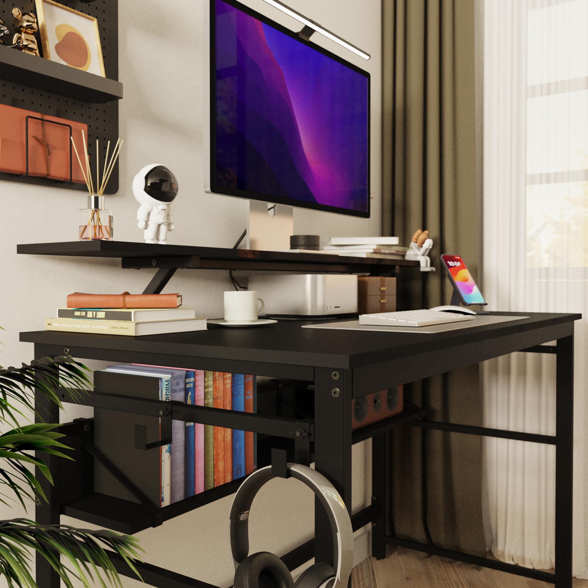 Mondeer Scrivania per computer, postazione di lavoro con 2 ripiani regolabili e grande supporto per monitor, salvaspazio, per casa, ufficio, studio, 120 x 60 x 90 cm, nero
