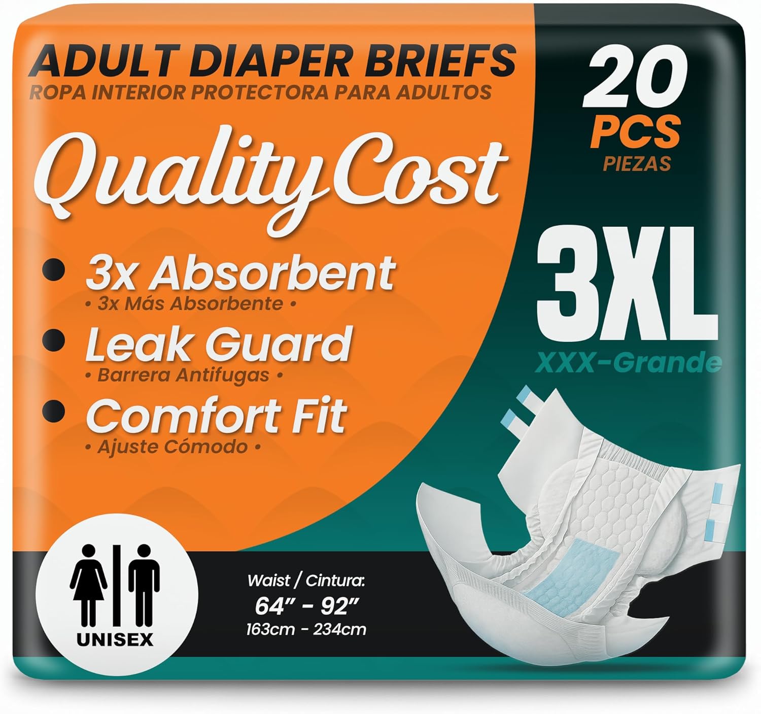 QualityCost Adult Incontinence Underwear Briefs with Tabs, 20Pack, Unisex Heavy Duty Briefs, Maximum Absorbency, Leak Proof, Disposable Pull-Ups for Overnight Protection, Size 3XL (64-92 inch Waist)