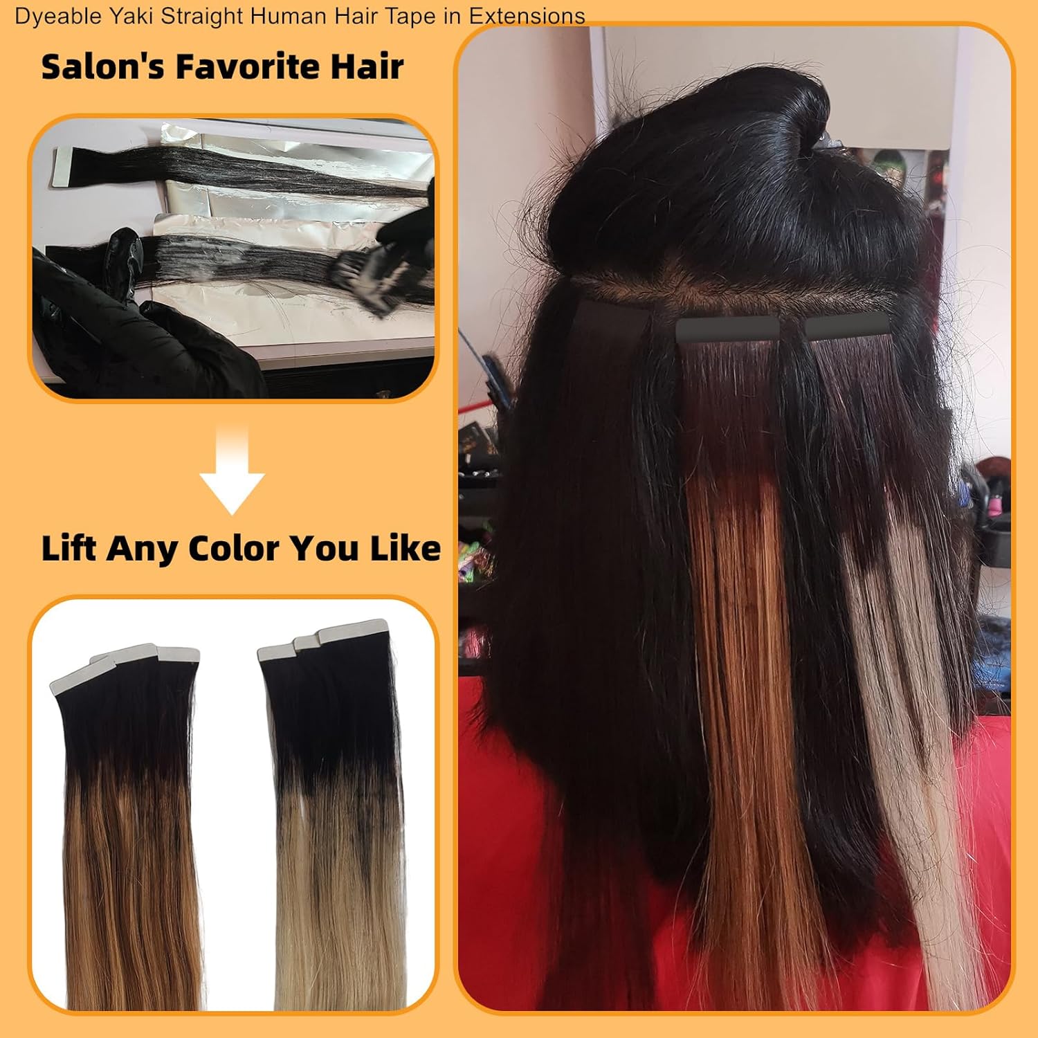 Clytie Light Yaki Straight Tape ins for Black Women Human Hair, Raw Kinky Straight Tape in Hair Extensions for Black Girl Salon Dyeable Reusable Tape on 50g 20 PCS 14IN Natural Black With Brown Tone