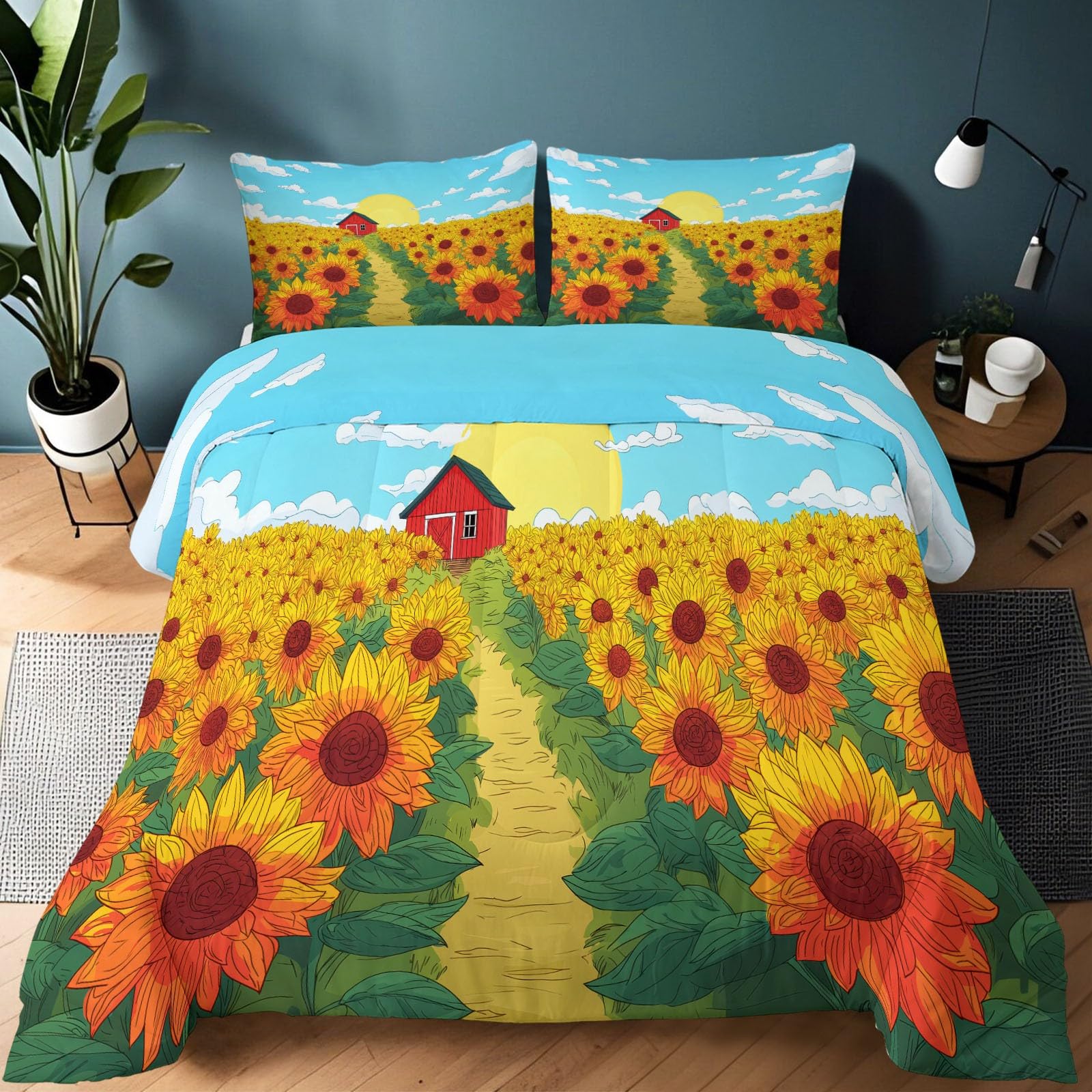 Kołdra na 4 pory roku, 3-częściowy zestaw pościeli 155x220 cm animowane pole słonecznika miękka kołdra z mikrofibry, zimowa i letnia narzuta dla dzieci i alergików, żółty niebieski