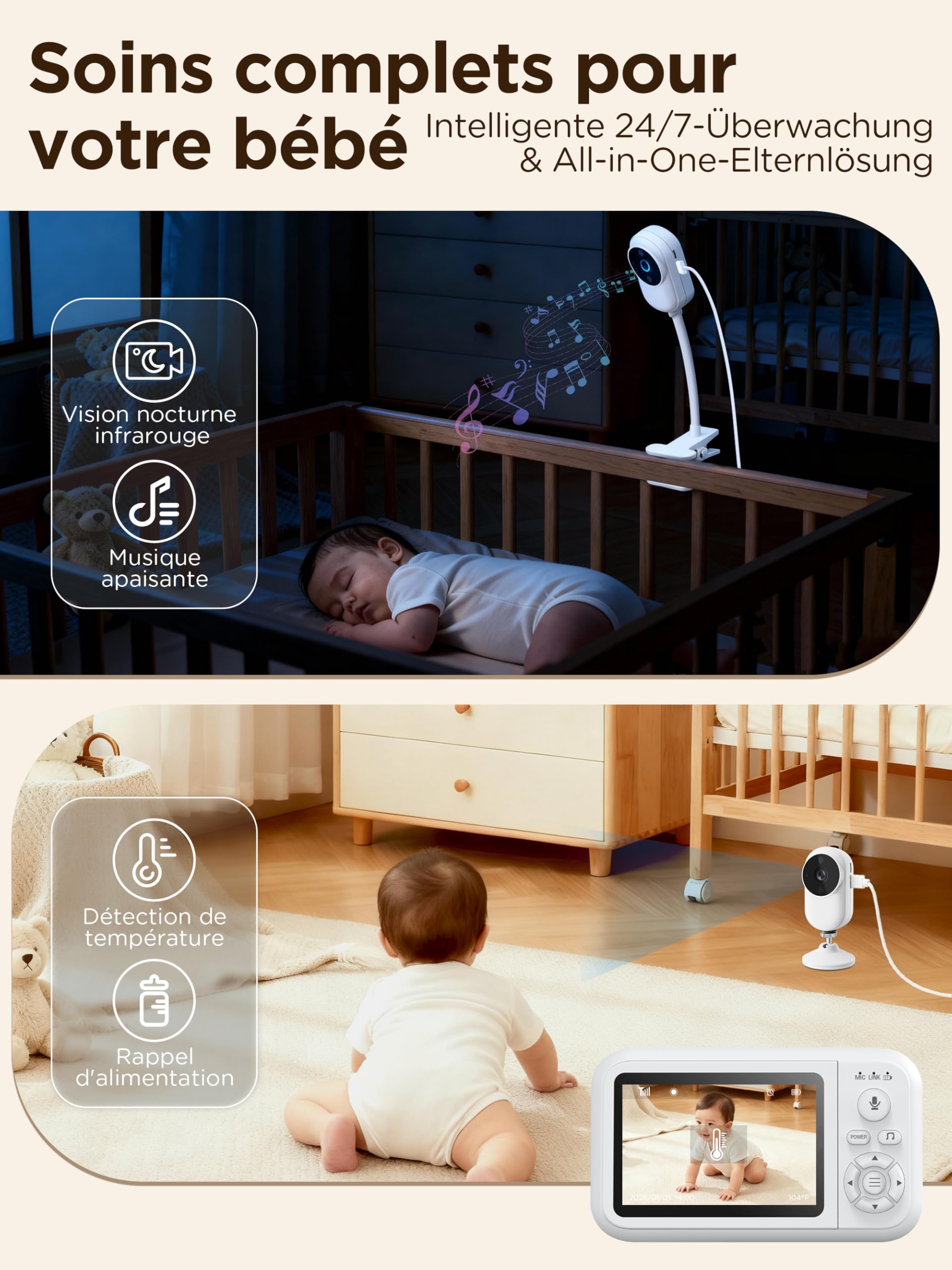 NUOTUN Babyphone Camera sans WiFi avec Support Lit, 1080P Camera Bebe Surveillance avec 3.5" IPS écran, Audio Bidirectionnel, Détection des Pleurs, Vision Nocturne, Berceuses