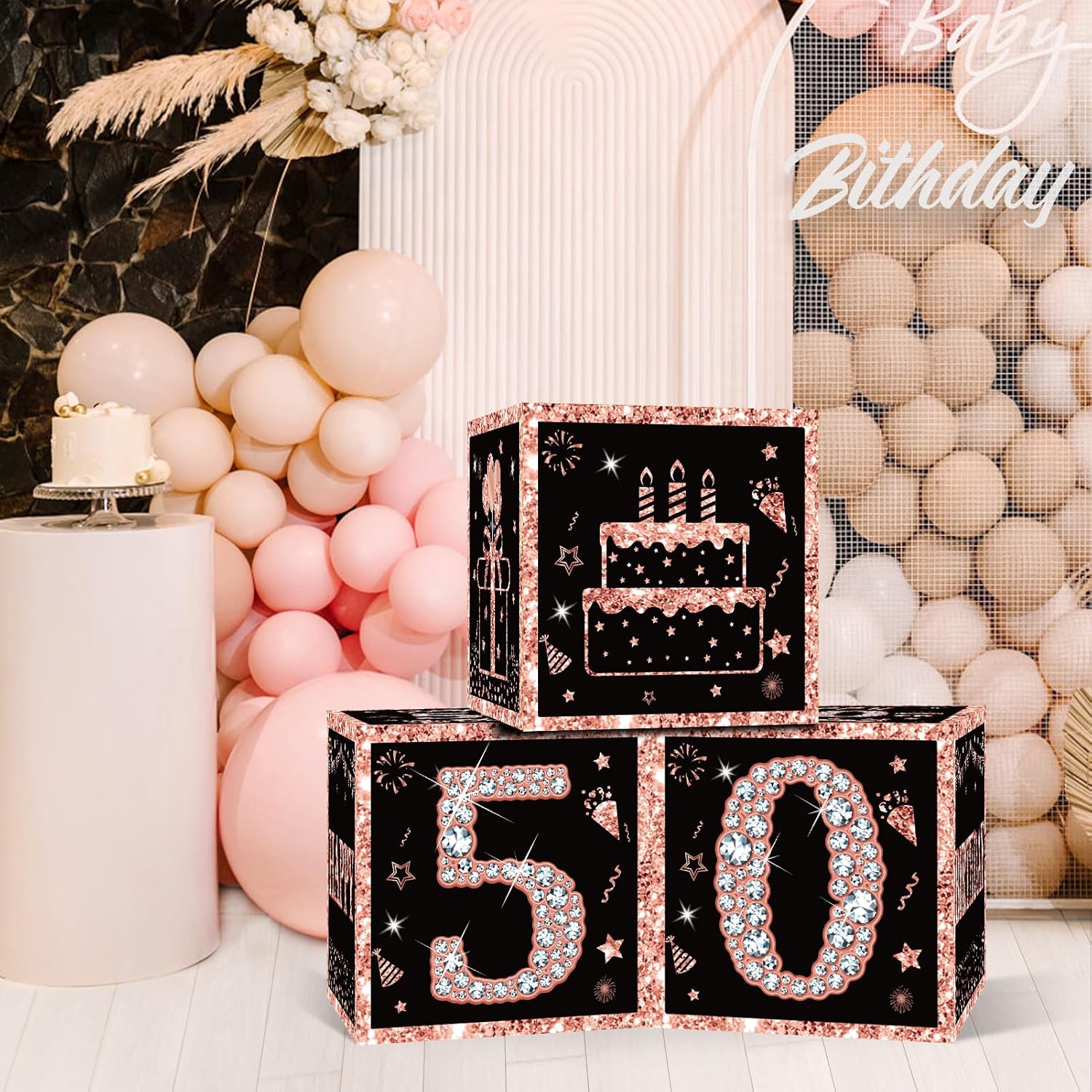 Eiurteao 3pcs 50th Birthday Decorations Boxes for Women, Rose Gold Happy 50 Birthday Balloons Boxes Party Supplies, Fifty Bday Theme Cardboard Box Decor - Image 3