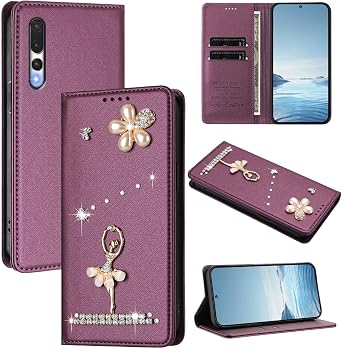 for Huawei P20 Pro Bling Diamond Case, PU Leather, RFID Blocking, 3 Card Holders, Card Holder Kickstand Magnetic Protective Phone Folio Cover Compatible with Huawei P20 Pro H