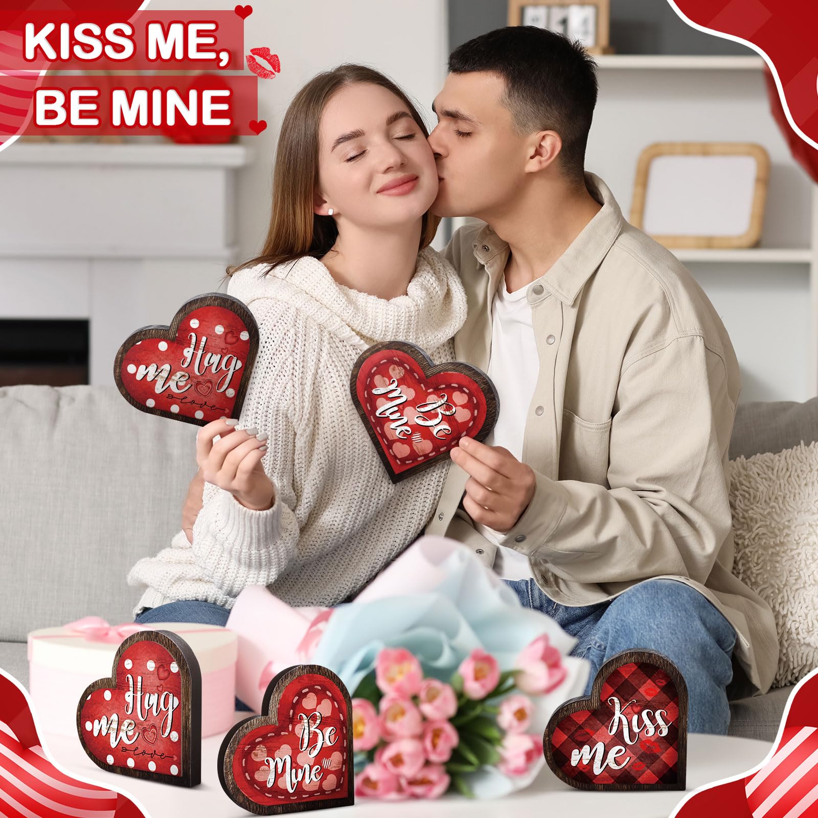 3 letreros de decoración de mesa de San Valentín, bandeja escalonada para el día de San Valentín, bloques de amor de madera, abrazos, besos, madera, independiente, decoración para el día de