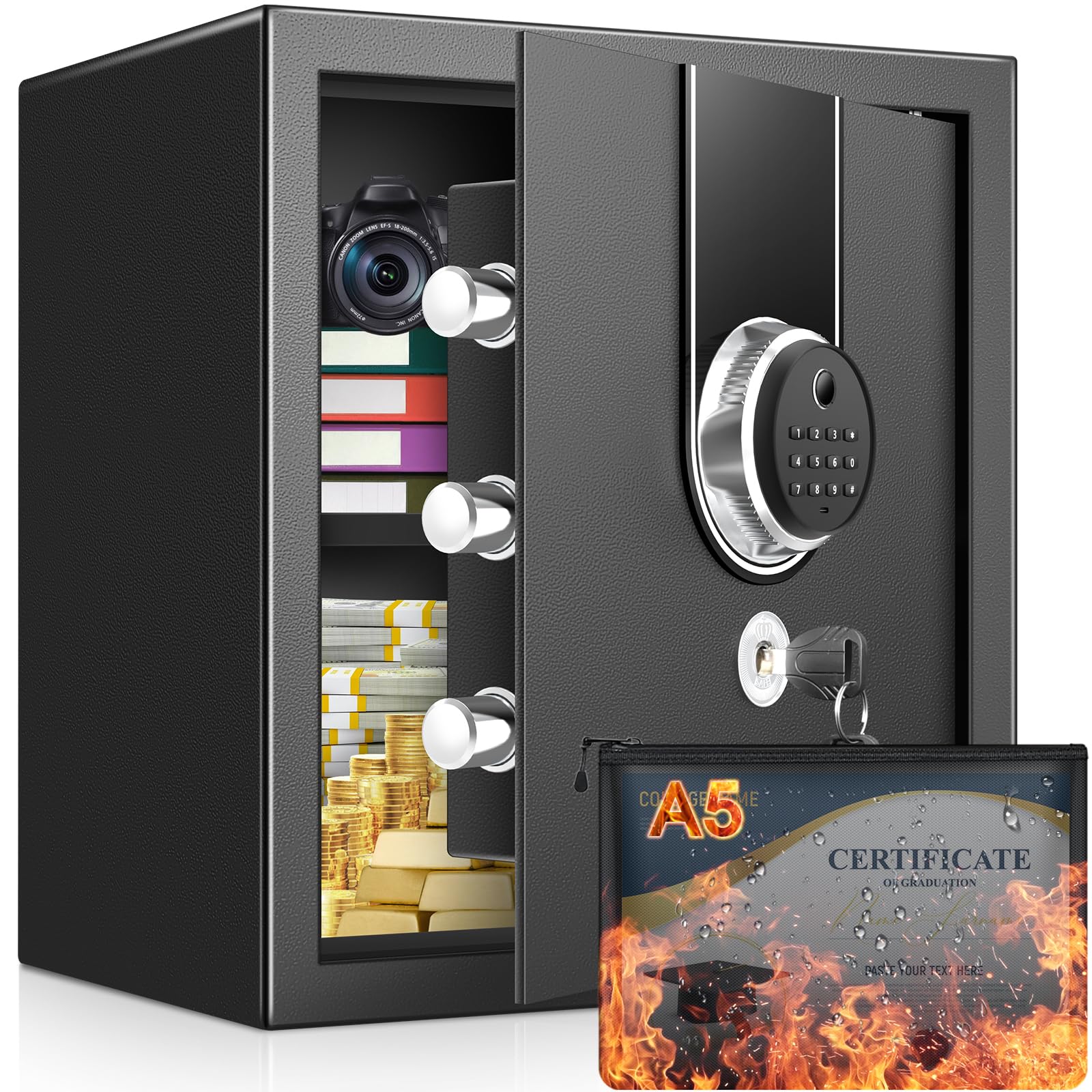 2.0 Cuft Biometric Safe Box, Fireproof Safe for Home with Digital Keypad and Spare Keys, Safety Box for Money, Documents, and other Valuables