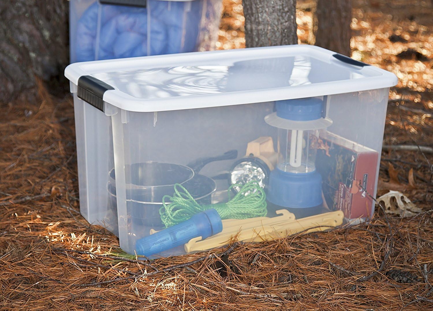 STERILITE 19889804 70 Quart/66 Liter Ultra Latch Box, Clear with a White Lid and Black Latches, 8-Pack