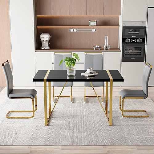 Miniatura 35 de Moderno juego de mesa de comedor para 4, juego de mesa de comedor dorado de 55 pulgadas con 4 sillas de piel sintética negra, mesa de madera negra