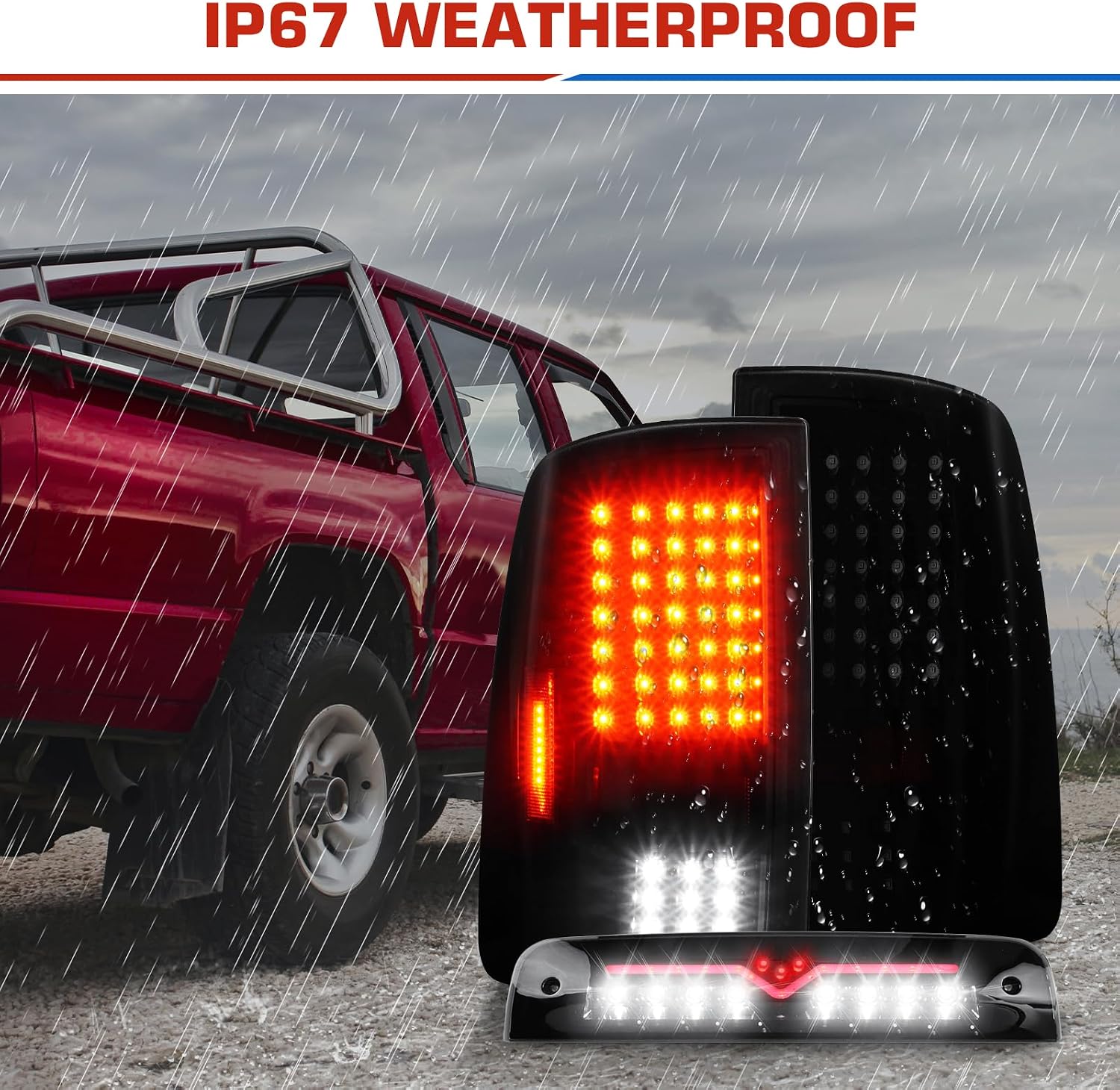 (3 Pack) Black Smoke Lens Taillight Assembly + 3rd Brake Light for 2009-2018 Dodge Ram 1500, 2010-2018 Ram 2500 3500, Only Fit factory Halogen/incandescent and Without Projector Headlights Models