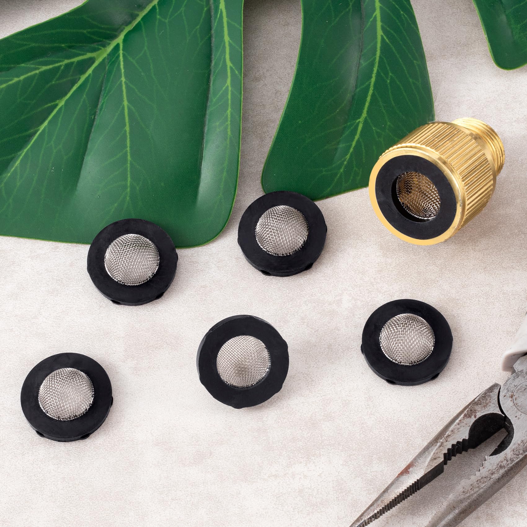 30 arandelas de filtro de manguera, acoplamiento de manguera de entrada de acero inoxidable con colador, accesorios para conector de manguera de jardín de 3/4 pulgadas y lavadora de 5/8 pulgadas