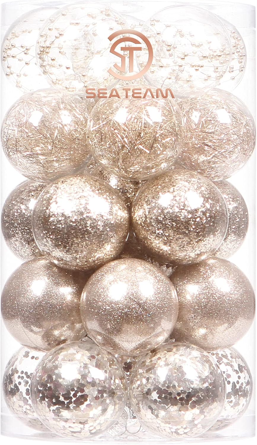 Sea Team 60mm/2.36 Shatterproof Clear Plastic Christmas Ball Ornaments, Transparent, See-Through, Crystal Baubles, Bulbs with Stuffed Delicate Decorations for Xmas Tree (30 Counts, Champagne)