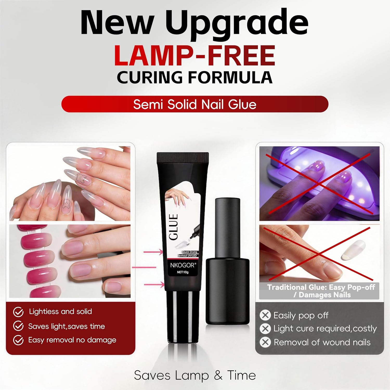 2 Sets Quick Drying 10g Semi Solid Nail Glue with 10ml Remover for Press On Nails Tips No Need for UV Lamp Long Lasting Fake Acrylic Nails Glue Gel