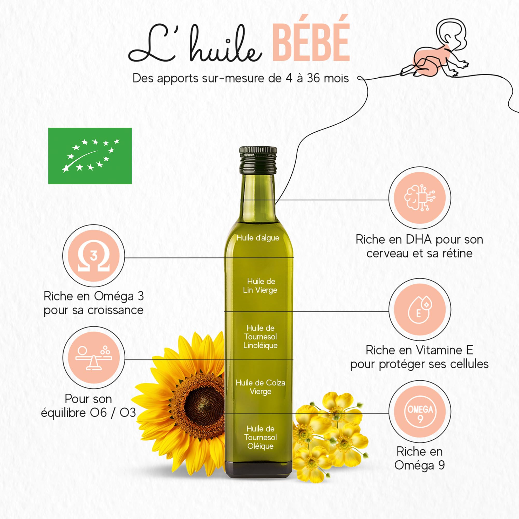 Lot 3 Huiles Bébé QUINTESENS 250 ml - Développement cérébral et Protection cellulaire - Apports en DHA, Oméga 3, 6 & 9 et Vitamine E - Production 100% Française - 4-36 Mois