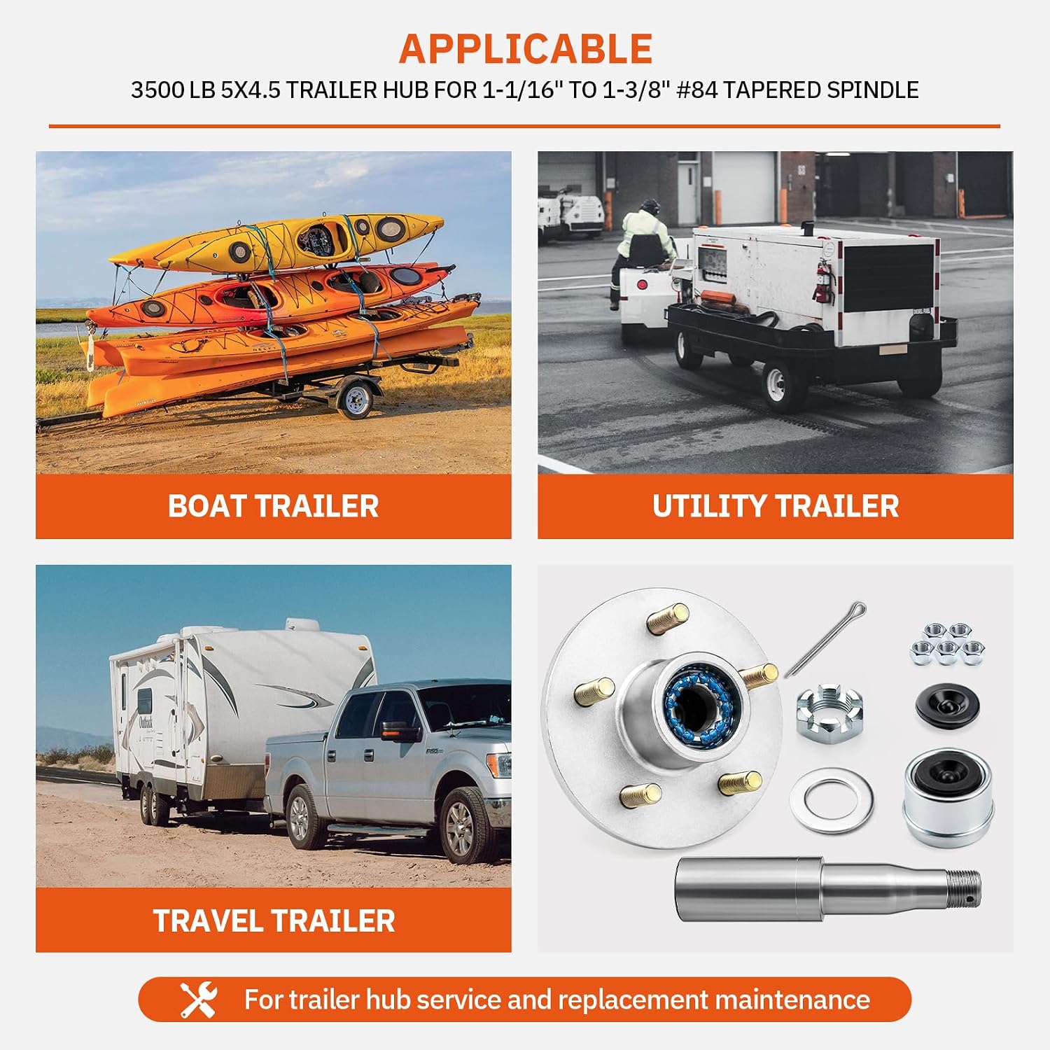 2 Sets 3500 lbs Pre-Iubricated Galvanized Trailer Hub Kits with 5 Bolt 4.5 &1-1/16'' to 1-3/8'' #84 Tapered Spindle.Pre-Assmelde L44649 L68149 Bearings and Grease Seal Trailer Hubs 5 Lug Kit.