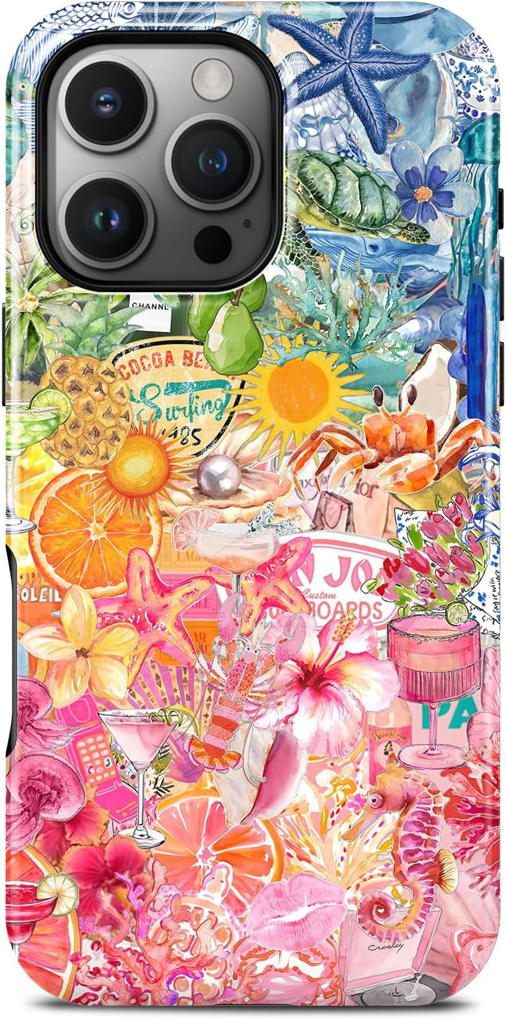 for iPhone 16 Pro Max Case, Cute Pink Floral Ocean Aesthetic Collage Phone Case, Compatible with Magsafe, Fruit Summer Preppy Groovy Magnetic Slim Shockproof Protective Women Girl Cover