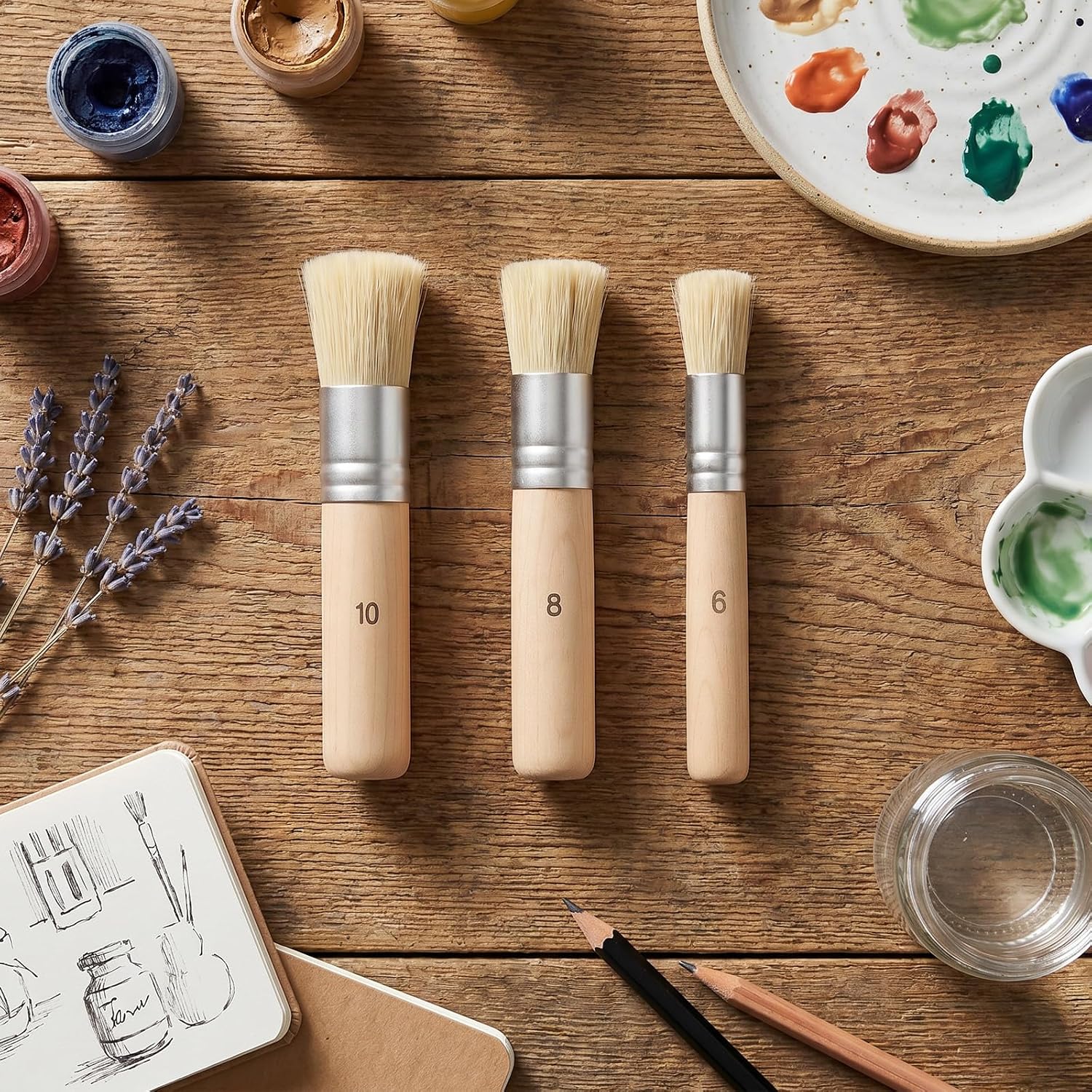 Stencil Brushes, 6Pcs Wooden Natural Bristle Stencil Brush for Painting | Wall Model House Acrylic Oil Watercolor Painting Project Card Making DIY Crafts Brushes for Stenciling (3 Sizes)