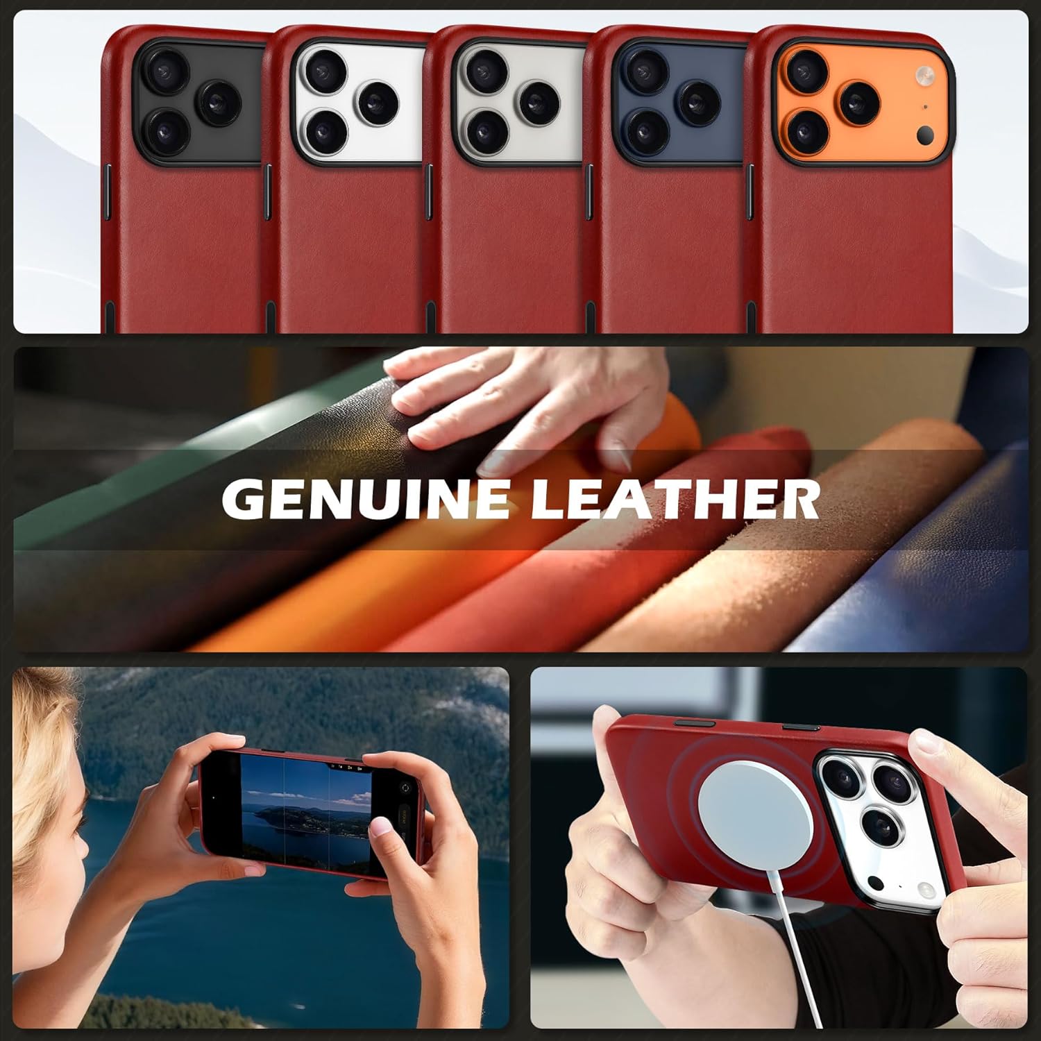 SHIELDON Genuine Leather Case for iPhone 17 Pro 6.3 Inch 2025 | [Updated Camera Button] | Magnetic Wireless Charging, Slim Fit, Non-Slip, Protective Phone Cover with Metal Buttons - Retro Red - Image 9