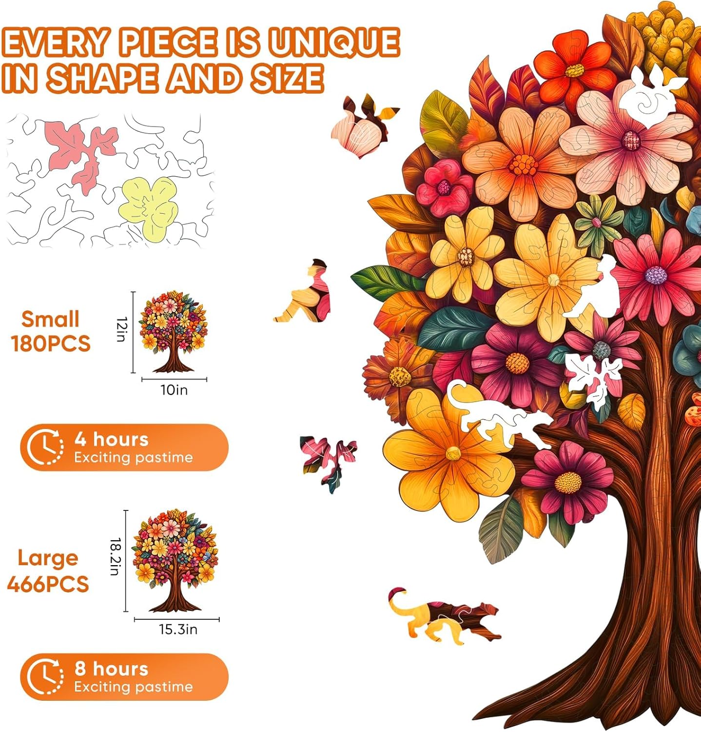 Pikoqunc Wooden Flower Tree Puzzles for Mom Grandma, Tree of Life Wooden Jigsaw Puzzle – Colorful Nature Floral Puzzle, 10’’ x 12’’Tree Shaped Design for Home Décor & Gift (180Pcs)
