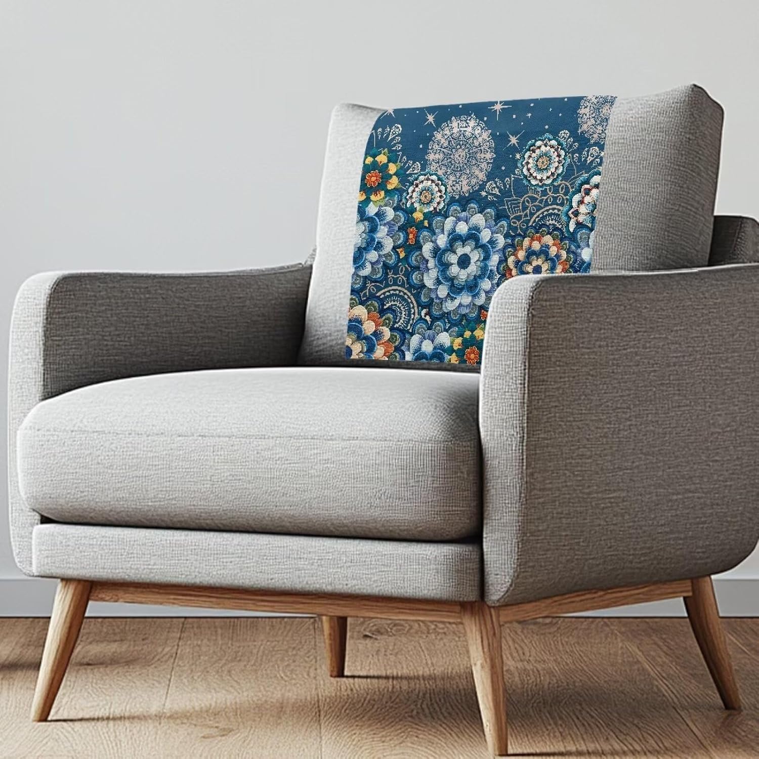 Bohemian Flower Headrest Covers for Recliners Sofa Back Cover Furniture Protector for Theater Office Chairs Home Decoration,Blue