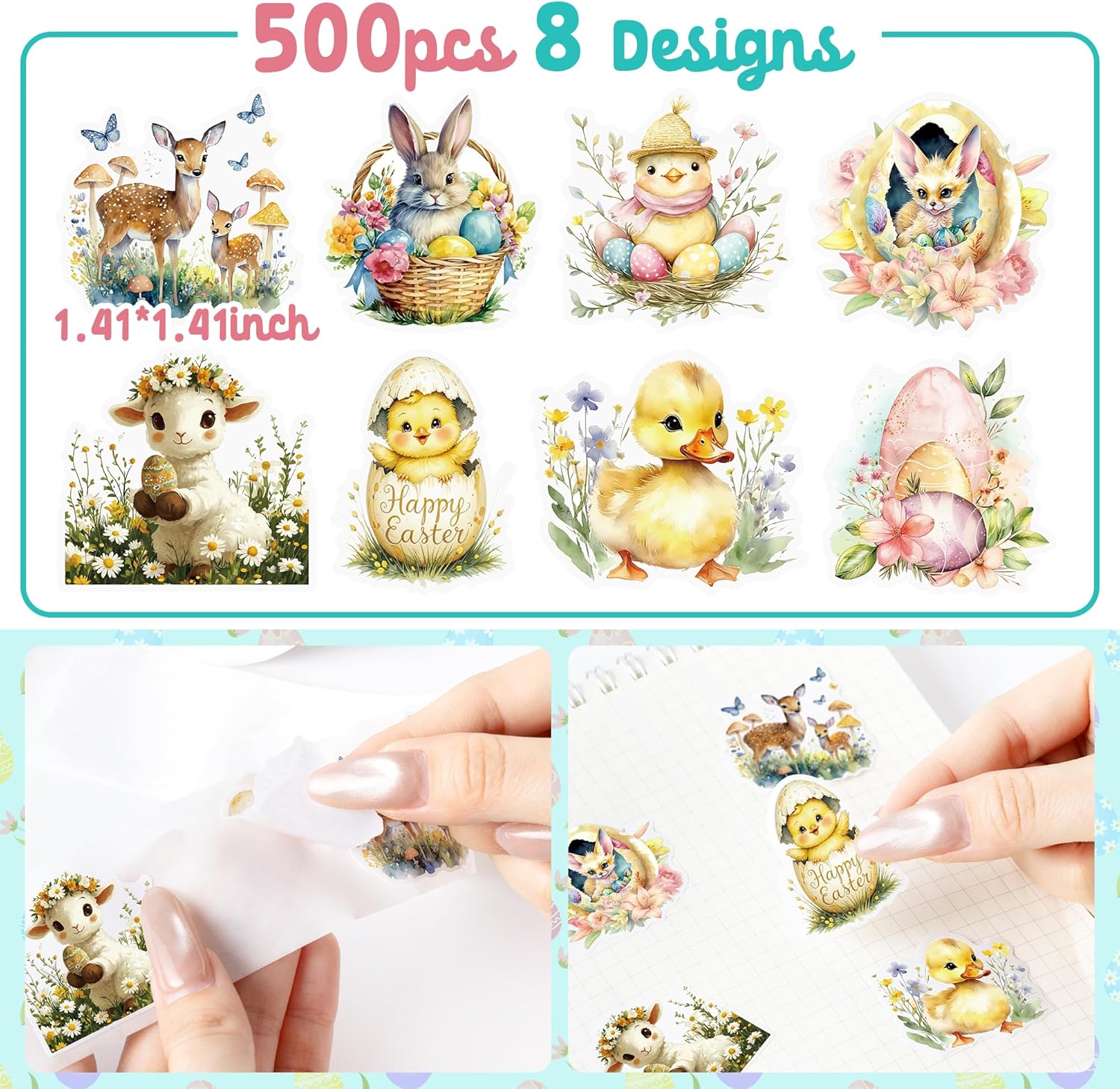 500Pcs Spring Animal Stickers Roll for Kids Cute Watercolor Bunny Chick Self-Adhesive Labels Classroom Teacher Rewards DIY Crafts Holiday Party Favors Gift for Bottles Scrapbooking Journal Decorations