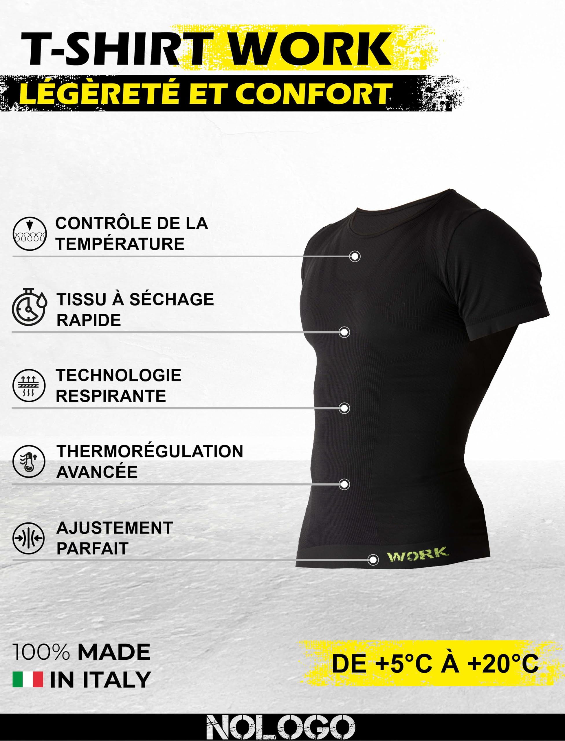 Tee Shirt Homme Thermique Manches Courtes du Travail - sous Vetement Thermique Homme élastiques, sans Couture - Made in Italy
