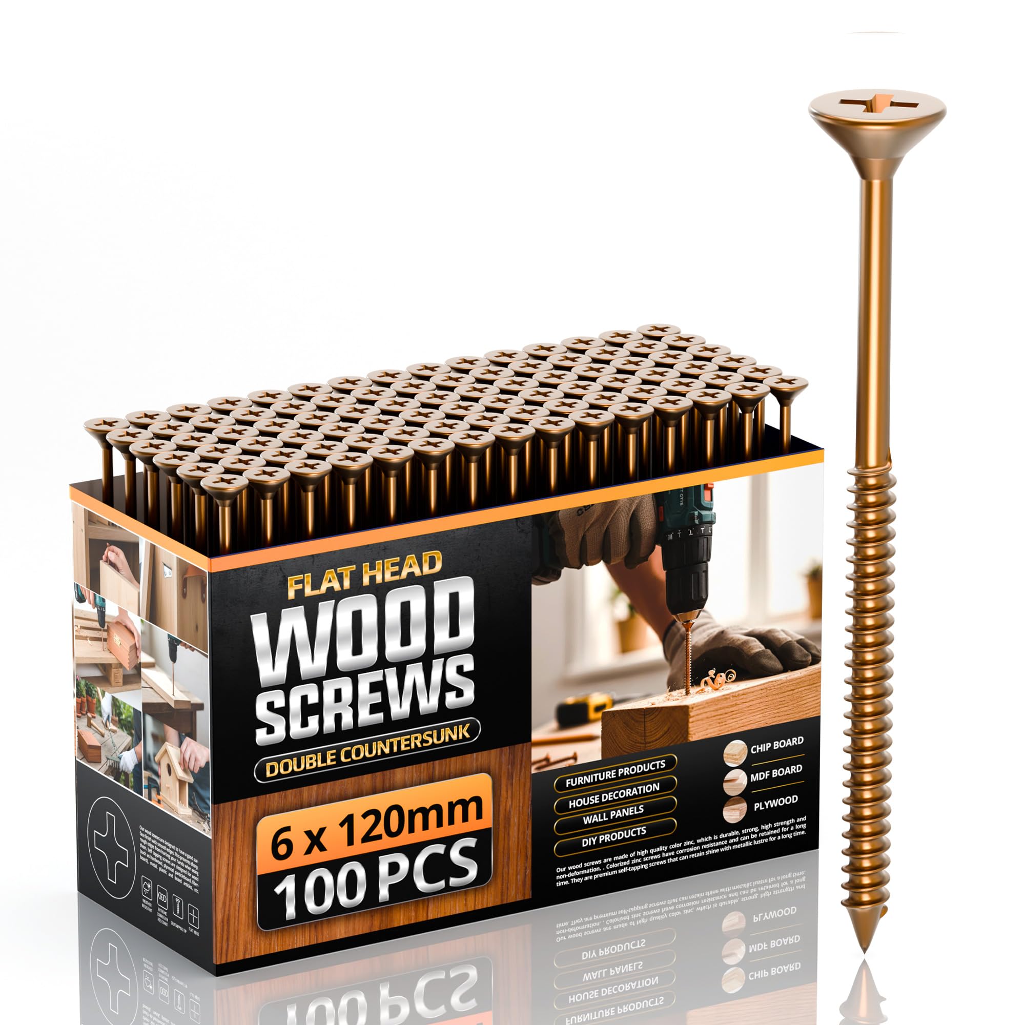 Woodscrews Multi Purpose Flat Head Wood Screws, 6 x 120mm 100pcs, Zinc Galvanized Single Thread Wood Screws Kit, Self Tapping Assortment Ideal for Diy,Furniture Fix, and Repairs