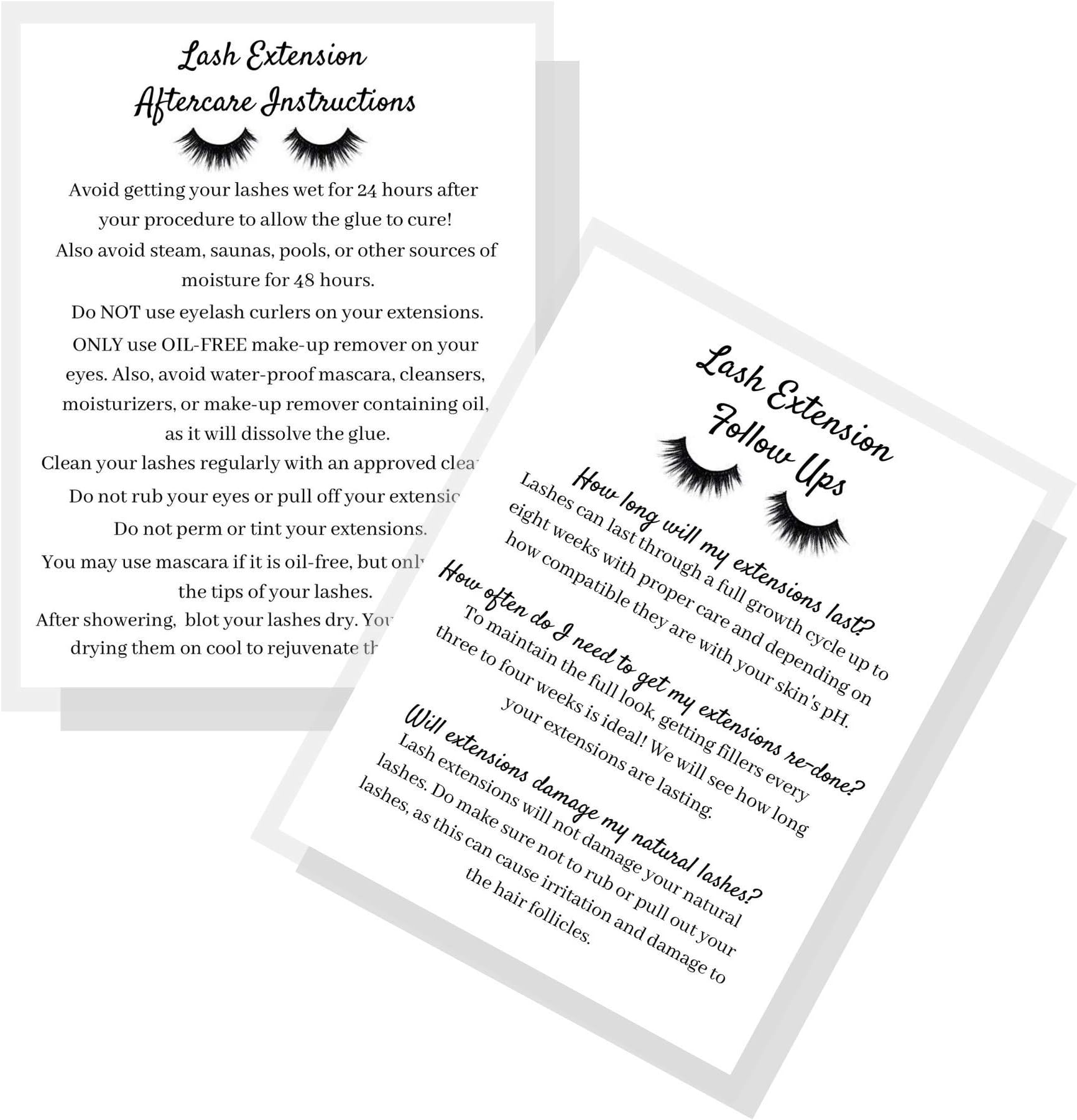 Cosmetology Supply Lash Extension After Care Instruction Cards for Clients | Post Card Size 4.25 x 5.5" inches