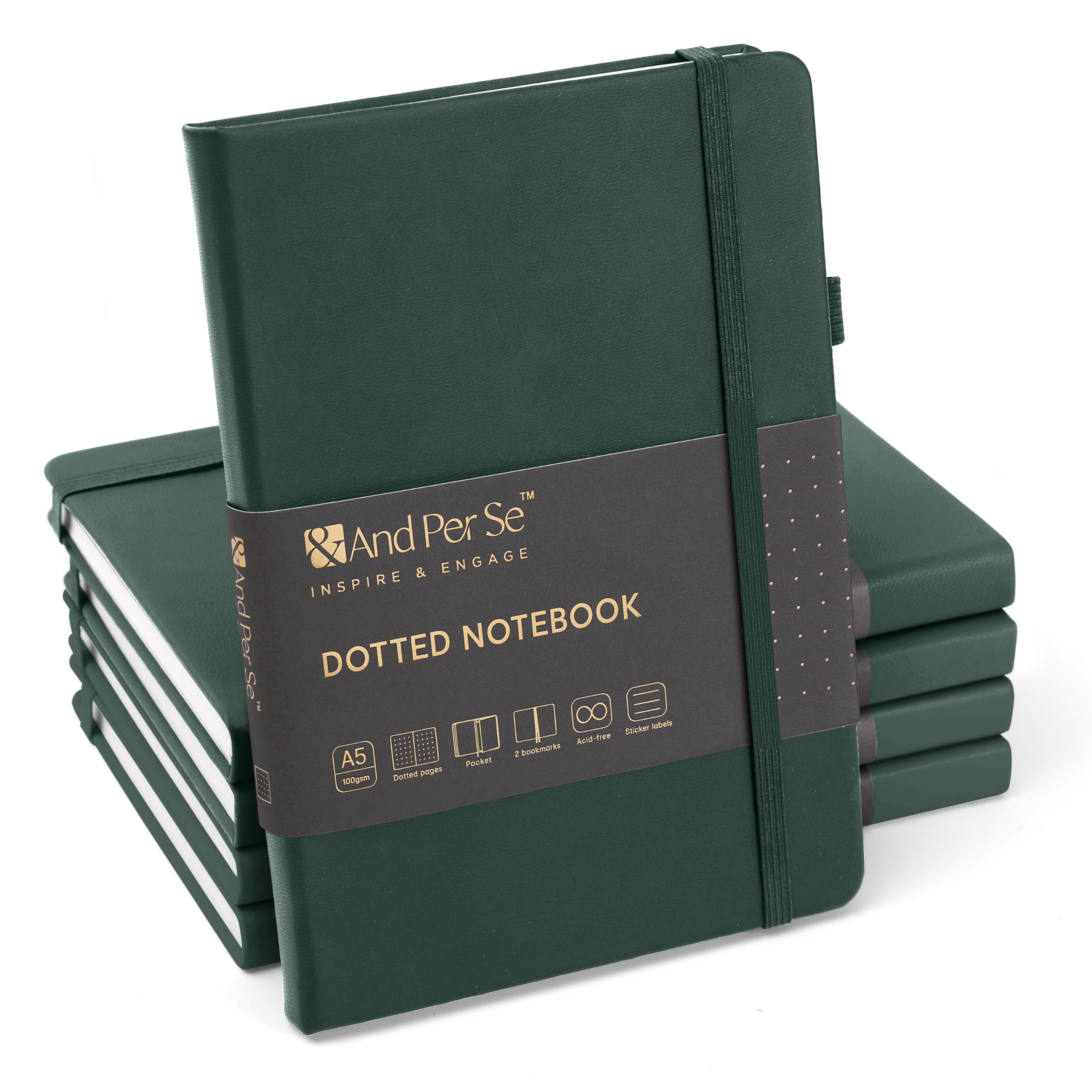 &And Per Se Dotted Journal Notebook (5 Packs), A5 Hardcover Leather Dotted Journal, 160 Pages 100 gsm Thick Paper, 3 Sheets of Stickers Included- 5.7'' x 8'' (Green โ image 1