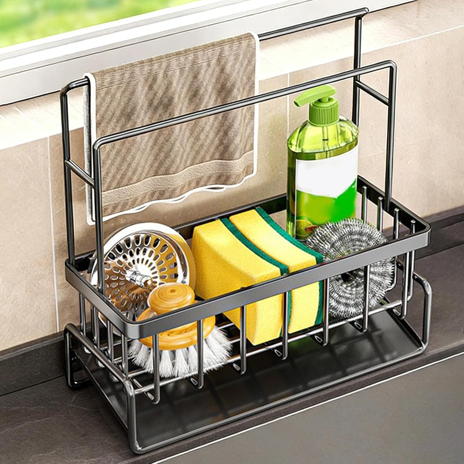 Black Sponge Holder for Kitchen Sink Double Rod Sink Caddy Organizer with Brush Holder Kitchen Countertop Organizers and