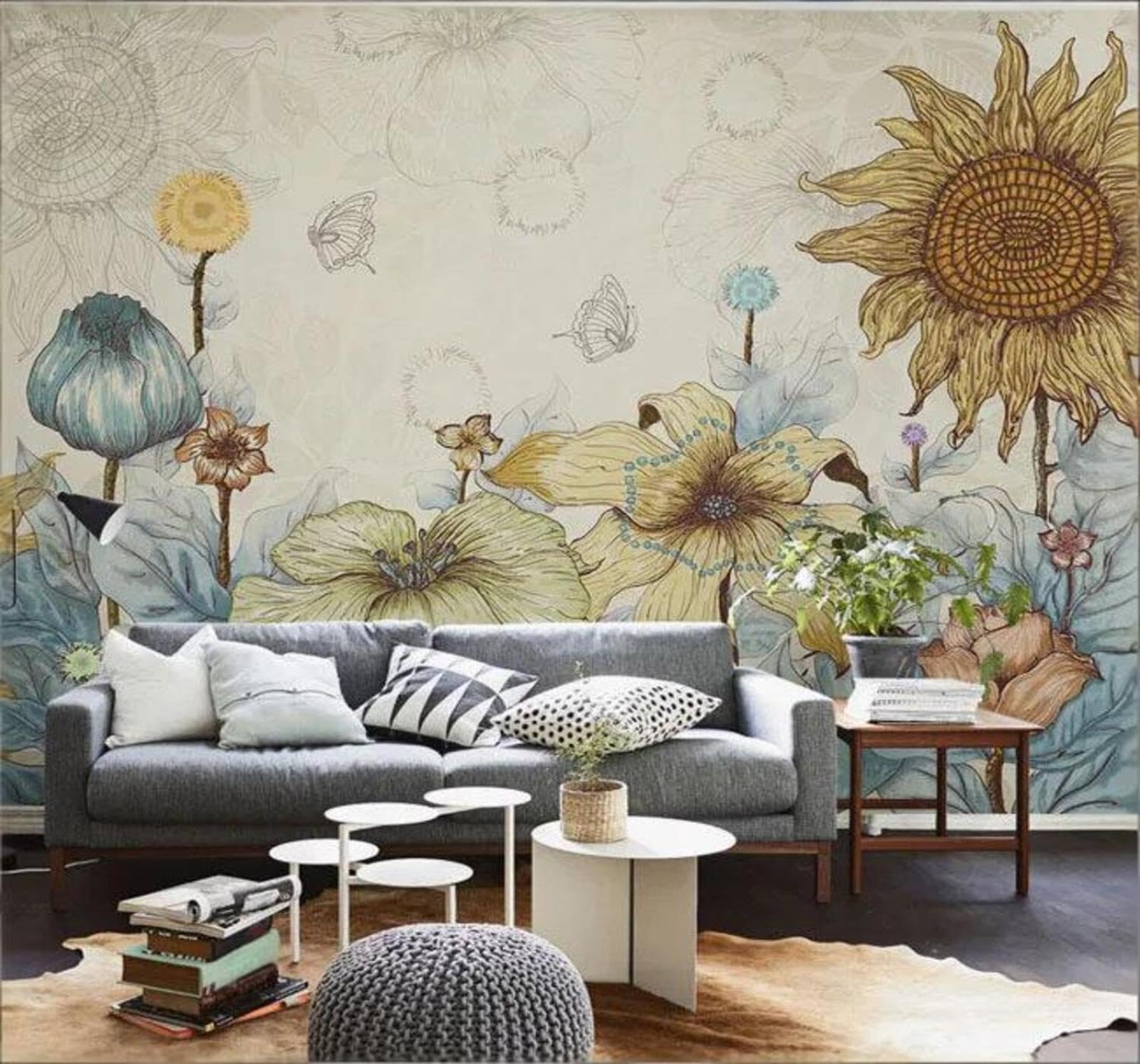 Tzxztt Vintage Hand Drawn Beautiful Floral Art Modern 3D Wallpaper Premium Textured Silk Neutral Tones Material Ideal for Living Room Bedroom-300cm×210cm