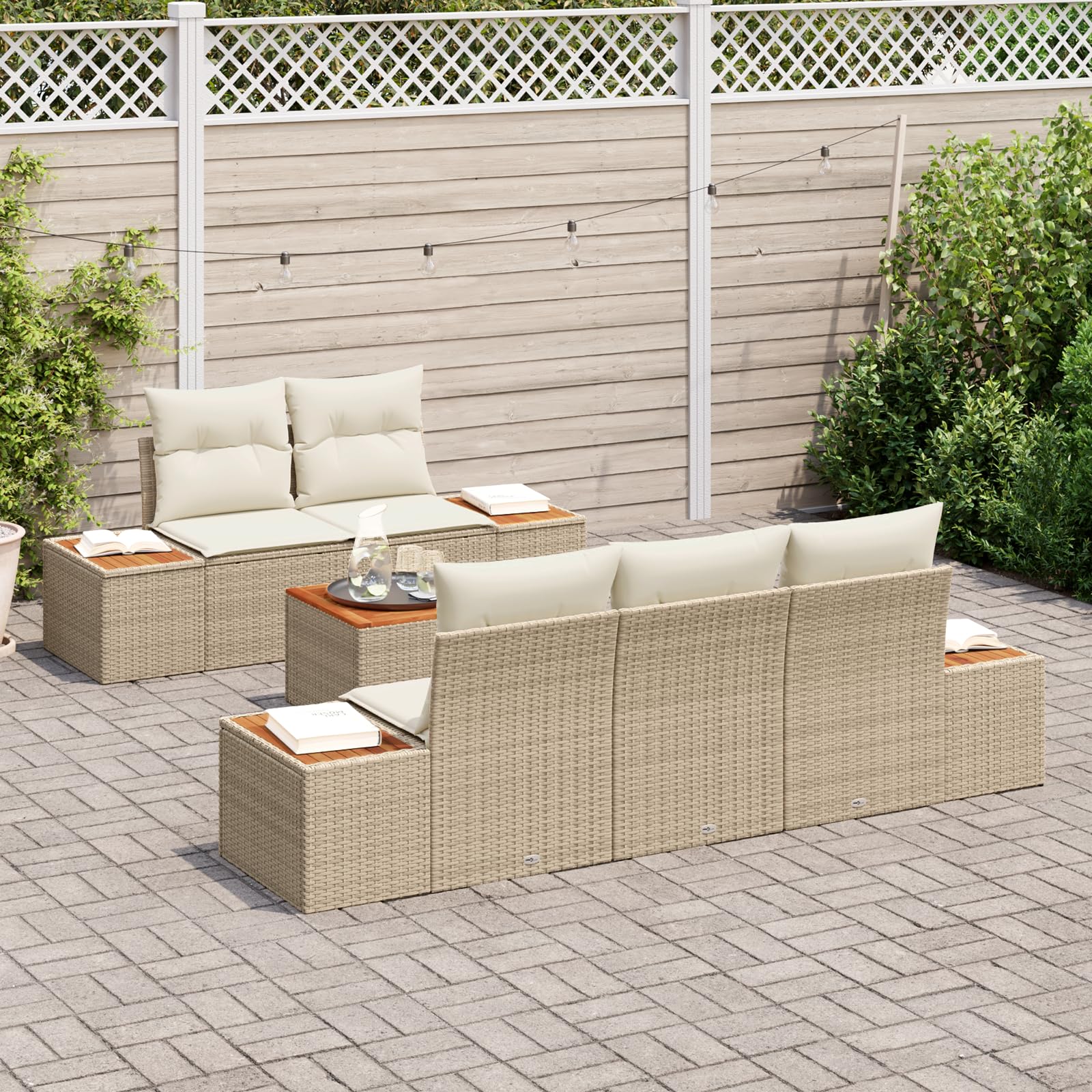 Juego de 6 sofás de jardín con cojines beige de polirratán de acacia, sofá modular de jardín, muebles de relax, muebles de terraza, juego de muebles de jardín