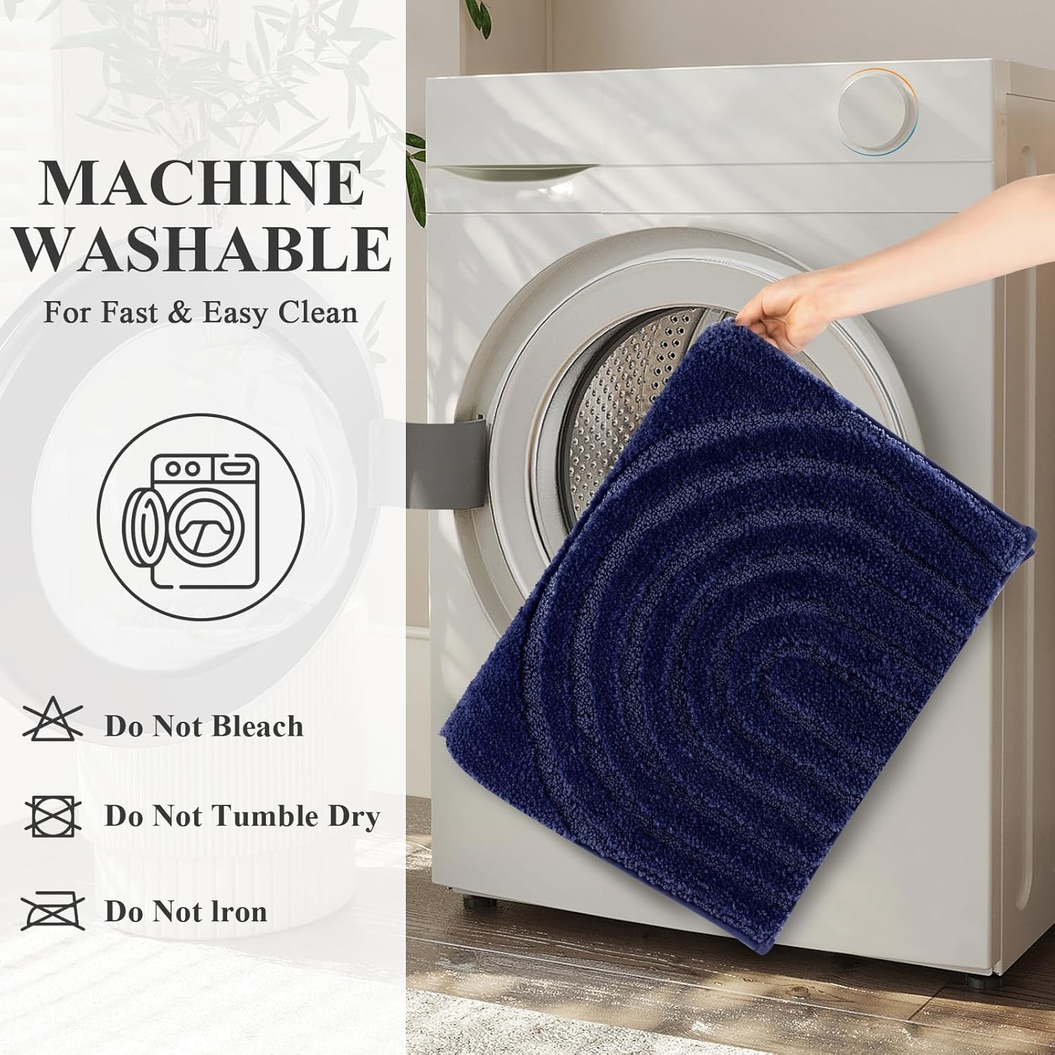HEBE Bathroom Rugs Set 5 Piece, Plush Absorbent Bath Mats for Bathroom, Non Slip Machine Washable Bath Mat Set with Toilet Cover, Bath Runner and U-Shaped Contour Toilet Rug, Navy Blue