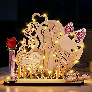Sunwuun LED Geldgeschenk Hochzeit,Hochzeitsgeschenke für Brautpaar,Herzförmiges Geschenk zum Hochzeit Hochzeitstag aus Holz,Hochzeitsgeschenk mit Lichterkette,Karte,Reagenzgläsern und Schleifen